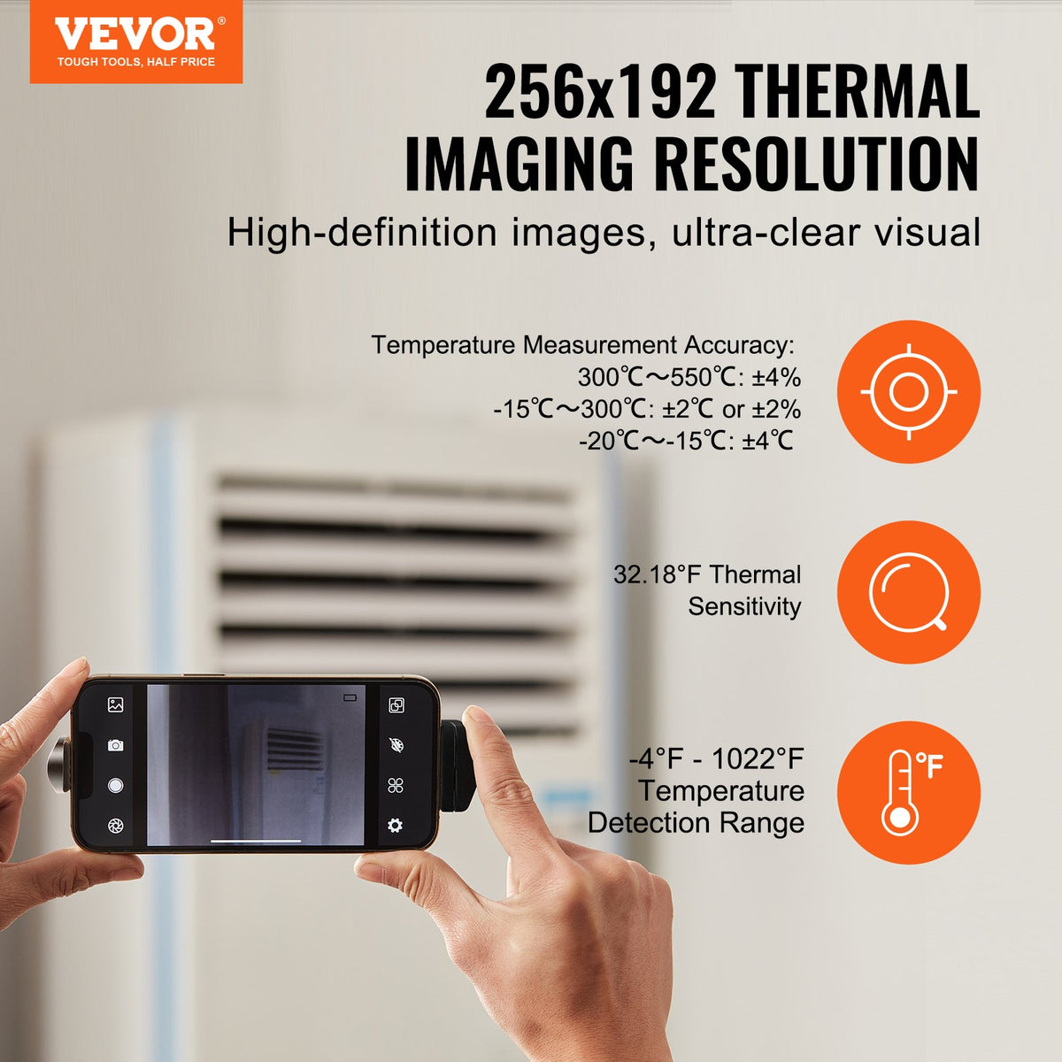 VEVOR Thermal Imaging Camera for Android & IOS, 256 x 192 IR Resolution Wireless Infrared Thermal Imager with WiFi & Visual Camera, 25Hz Refresh Rate Thermal Camera for Smartphone, -4°F-1022°F, IP54
