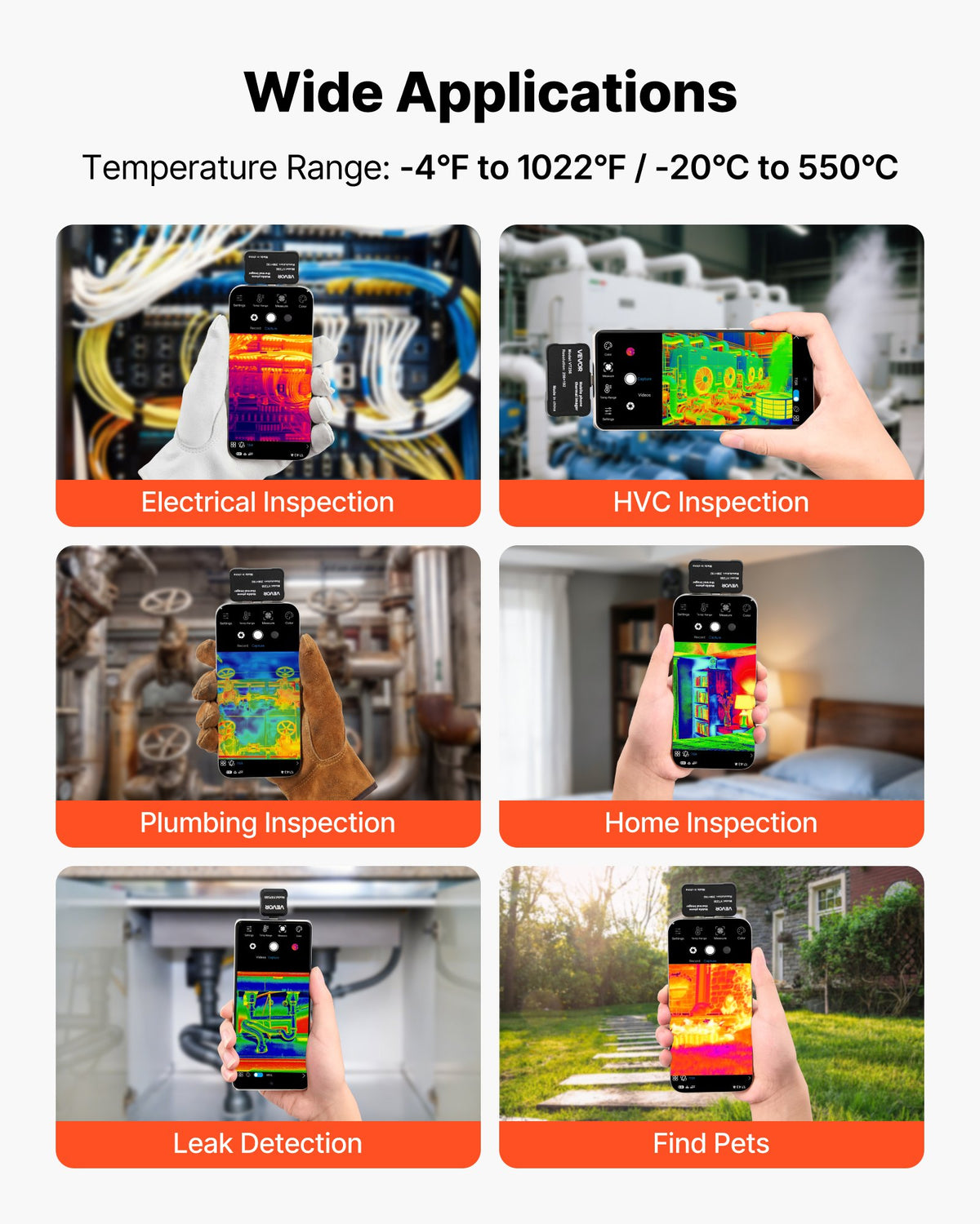VEVOR Thermal Imaging Camera for Android & iOS, 512 x 384 Super Resolution, 25HZ Refresh Rate Infrared Thermal Imager for Smartphones Tablets, 256 x 192 IR Resolution, -20°C to 550°C & 6 Color Palettes