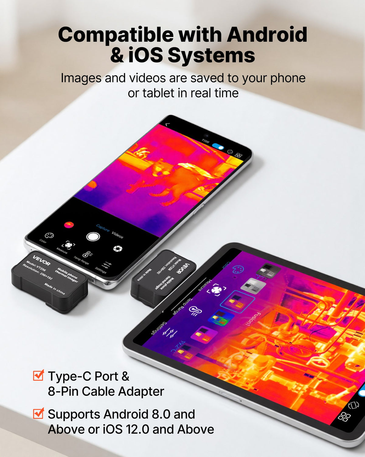 VEVOR Thermal Imaging Camera for Android & iOS, 512 x 384 Super Resolution, 25HZ Refresh Rate Infrared Thermal Imager for Smartphones Tablets, 256 x 192 IR Resolution, -20°C to 550°C & 6 Color Palettes