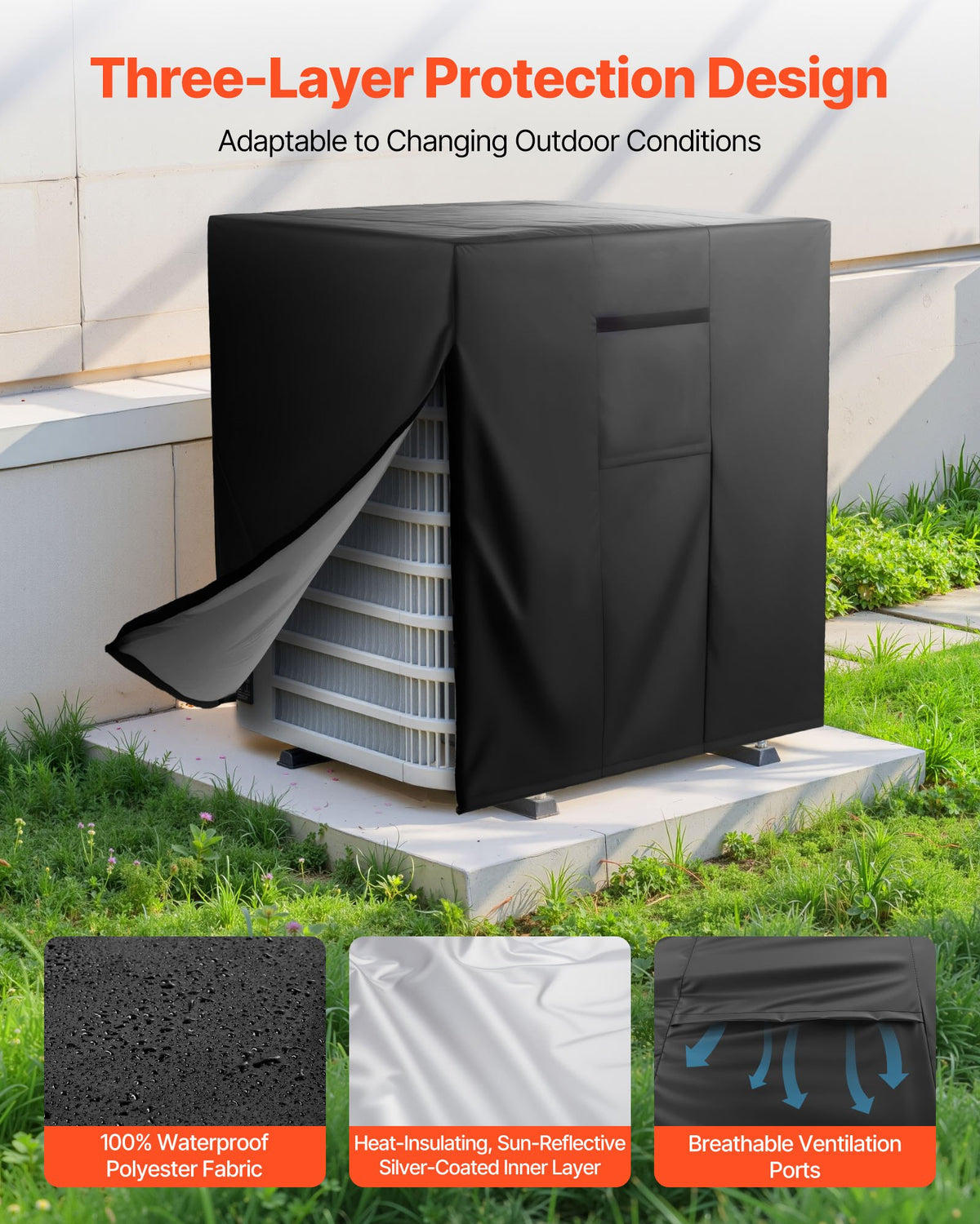 VEVOR Air Conditioner Cover, 914 x 914 x 1010 mm Ac Cover for Air Conditioning Unit, Three-Layer, Waterproof Polyester Fabric, Mesh Ventilation, Universal Defender for Outdoor Outside Ac Unit, Black