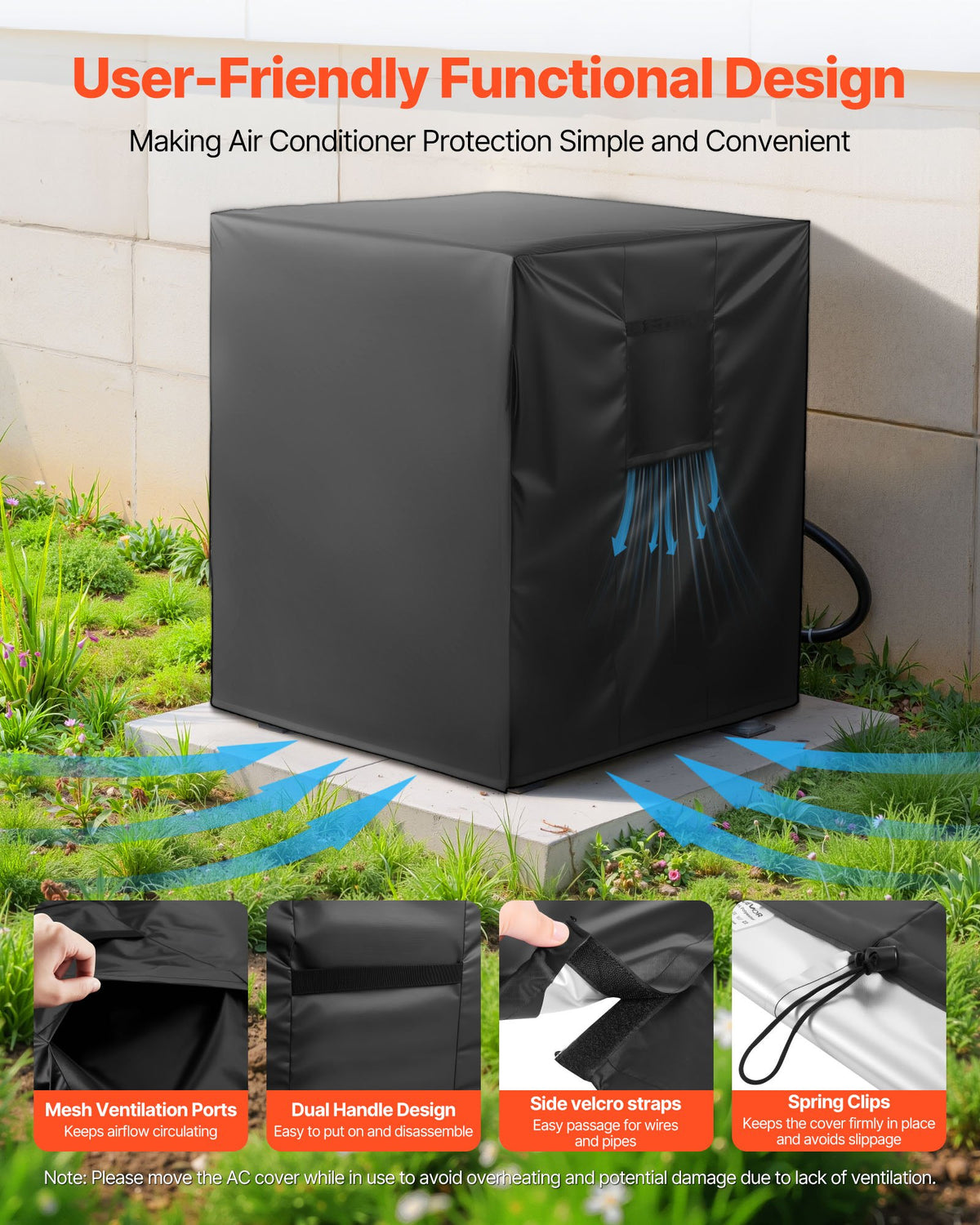 VEVOR Air Conditioner Cover, 914 x 914 x 1010 mm Ac Cover for Air Conditioning Unit, Three-Layer, Waterproof Polyester Fabric, Mesh Ventilation, Universal Defender for Outdoor Outside Ac Unit, Black