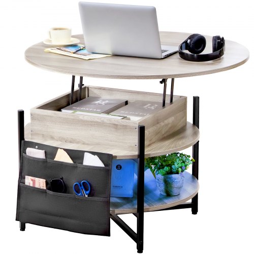 VEVOR Lift Top Coffee Table, 35.3 in Round Coffee Table with Extra Storage Pockets, Pop Up Coffee Table for Living Room, White