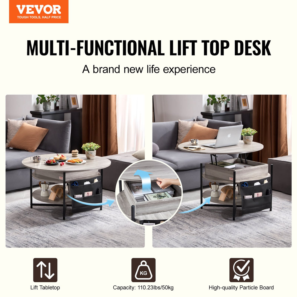 VEVOR Lift Top Coffee Table, 35.3 in Round Coffee Table with Extra Storage Pockets, Pop Up Coffee Table for Living Room, White