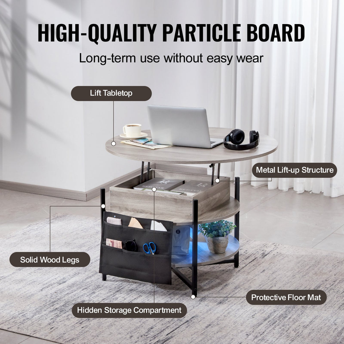 VEVOR Lift Top Coffee Table, 35.3 in Round Coffee Table with Extra Storage Pockets, Pop Up Coffee Table for Living Room, White