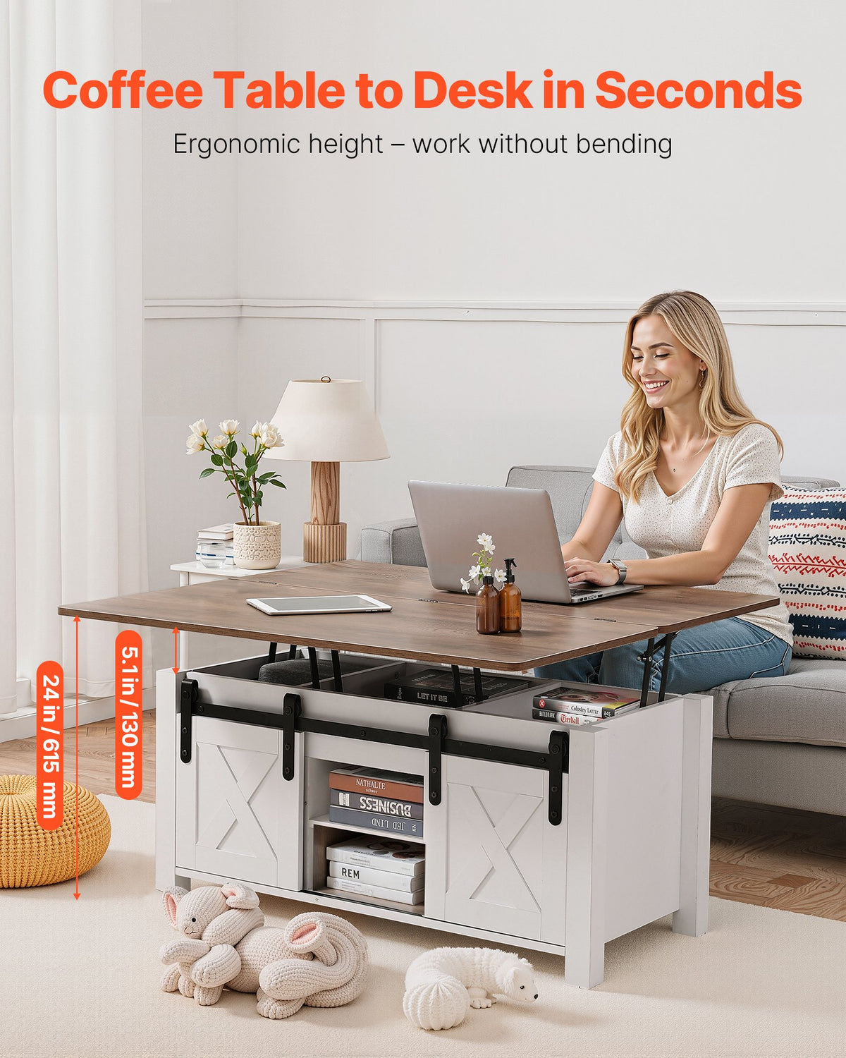 VEVOR 1000 mm Farmhouse Lift Top Coffee Table, Rustic Center Table with Barn Door and Hidden Storage Compartment, Modern Rectangle Lifting Tabletop for Living Room, Office, Home, Easy Assembly, Brown