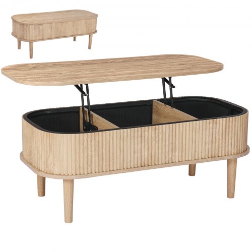 VEVOR 1000 mm Lift Top Coffee Table, Fluted Oval Coffee Table with 3 Hidden Compartment, Mid Century Wooden Oval Center Desk with Storage, Lift Up Tabletop for Home & Office, Easy Assembly, Burlywood