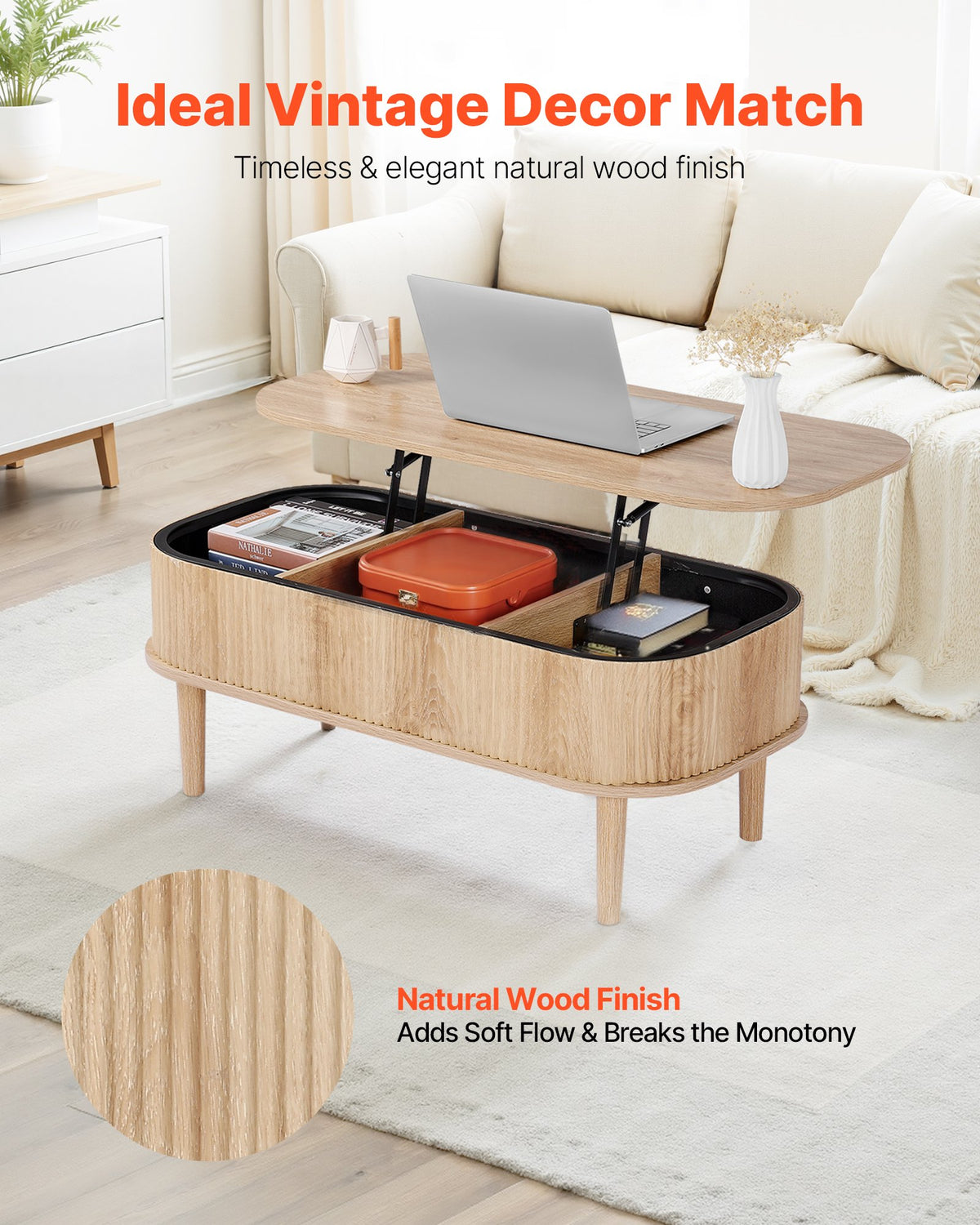 VEVOR 1000 mm Lift Top Coffee Table, Fluted Oval Coffee Table with 3 Hidden Compartment, Mid Century Wooden Oval Center Desk with Storage, Lift Up Tabletop for Home & Office, Easy Assembly, Burlywood
