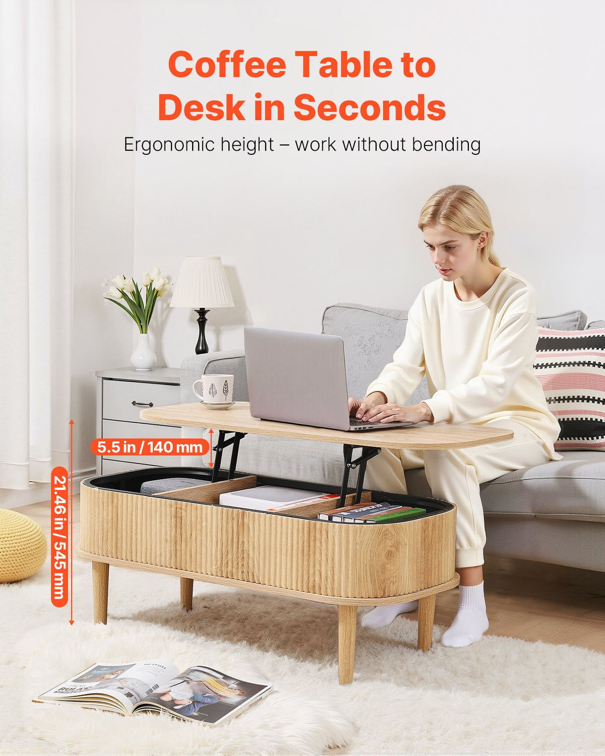 VEVOR 1000 mm Lift Top Coffee Table, Fluted Oval Coffee Table with 3 Hidden Compartment, Mid Century Wooden Oval Center Desk with Storage, Lift Up Tabletop for Home & Office, Easy Assembly, Burlywood