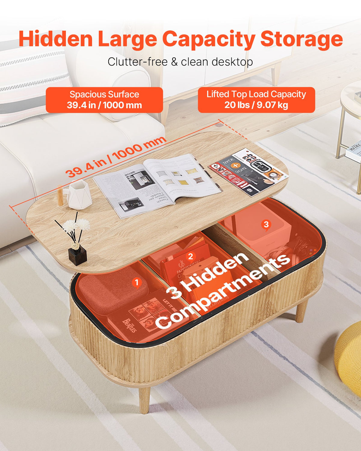VEVOR 1000 mm Lift Top Coffee Table, Fluted Oval Coffee Table with 3 Hidden Compartment, Mid Century Wooden Oval Center Desk with Storage, Lift Up Tabletop for Home & Office, Easy Assembly, Burlywood