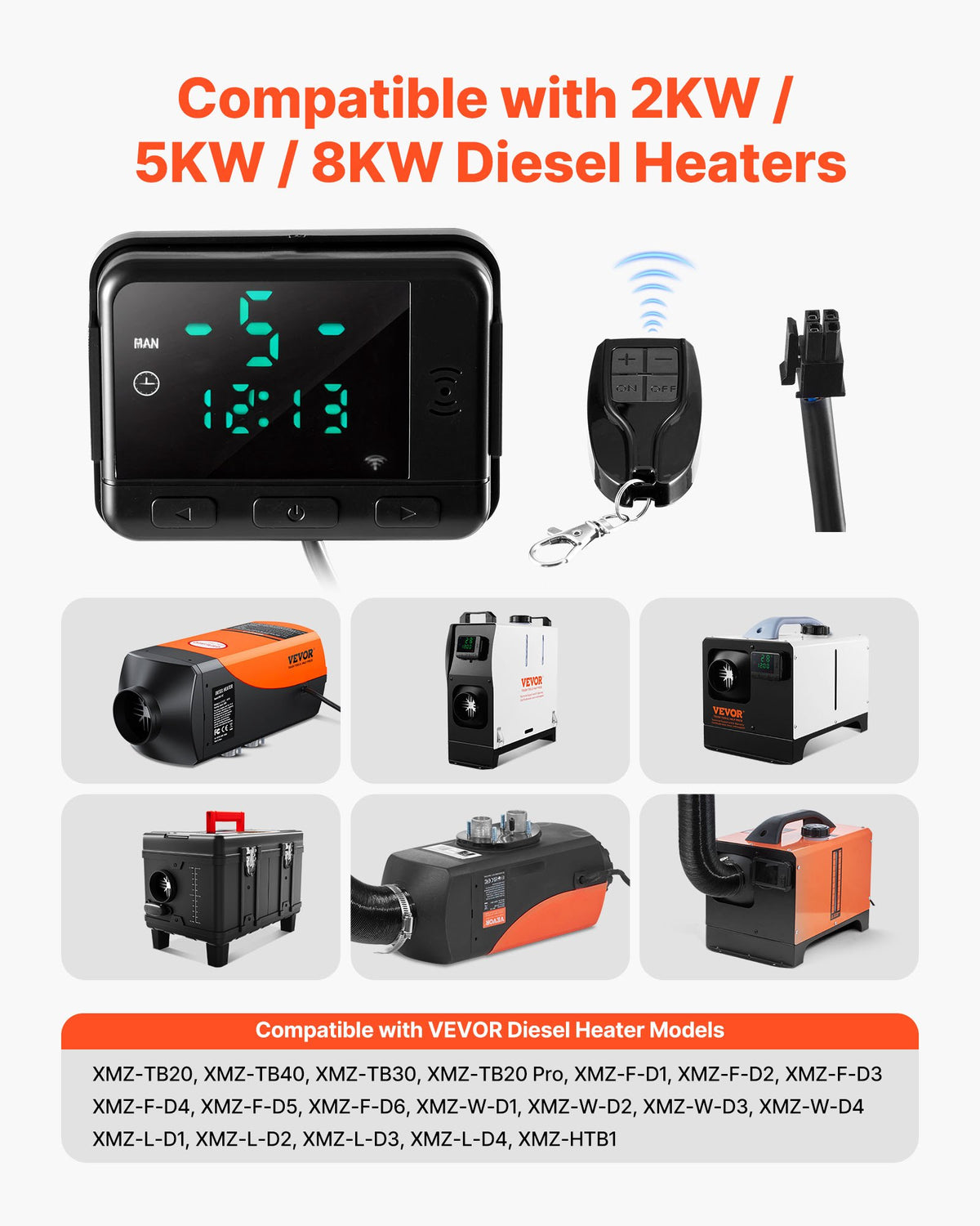 VEVOR Diesel Air Heater Controller, DC5V Universal Diesel Air Heater Controller Thermostat Switch, Parking Heaters Controllers with LCD Display and Remote Control, Fits for 2KW/5KW/8KW Diesels Heaters