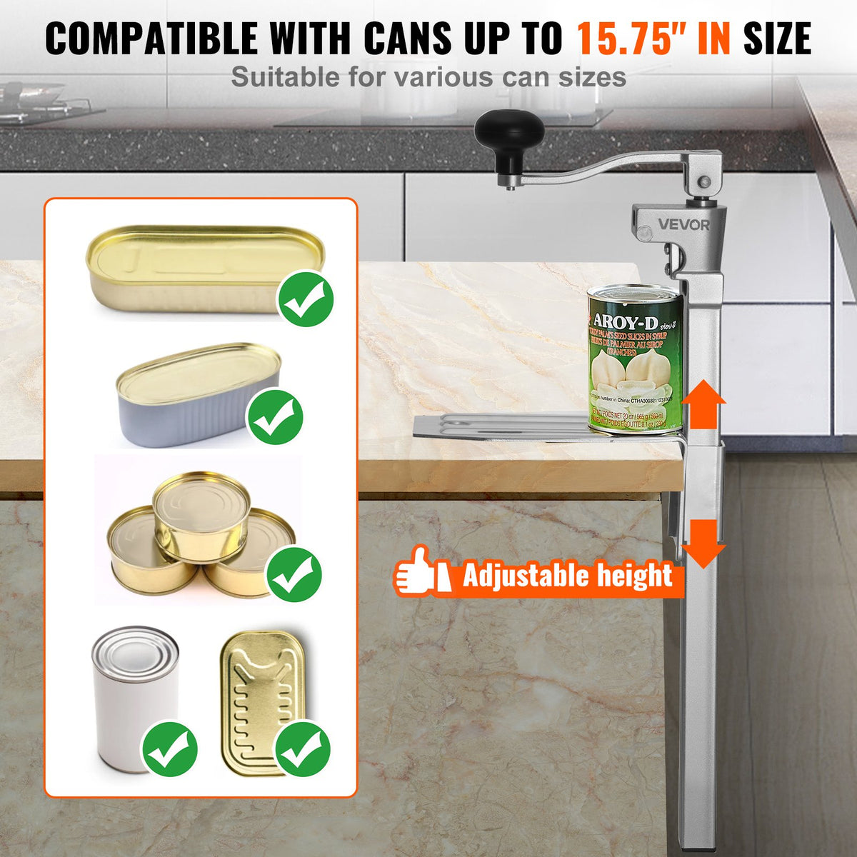 VEVOR Commercial Can Opener, Heavy-Duty Manual Tabletop Cans Opener for Cans Up to 400 mm Height, Height-Adjustable Professional Can Openers Fixed with Screws, for Restaurant, Hotel, and Food Store