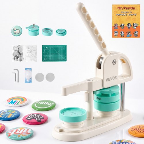 VEVOR Button Maker Machine, 2.25" / 58 mm, Quick-Change Plastic Pin Maker with 100pcs Button Parts, Circle Cutter and Magic Book, Reinforced Ergonomic Handle, for DIY Badges, Pins, Key Chains