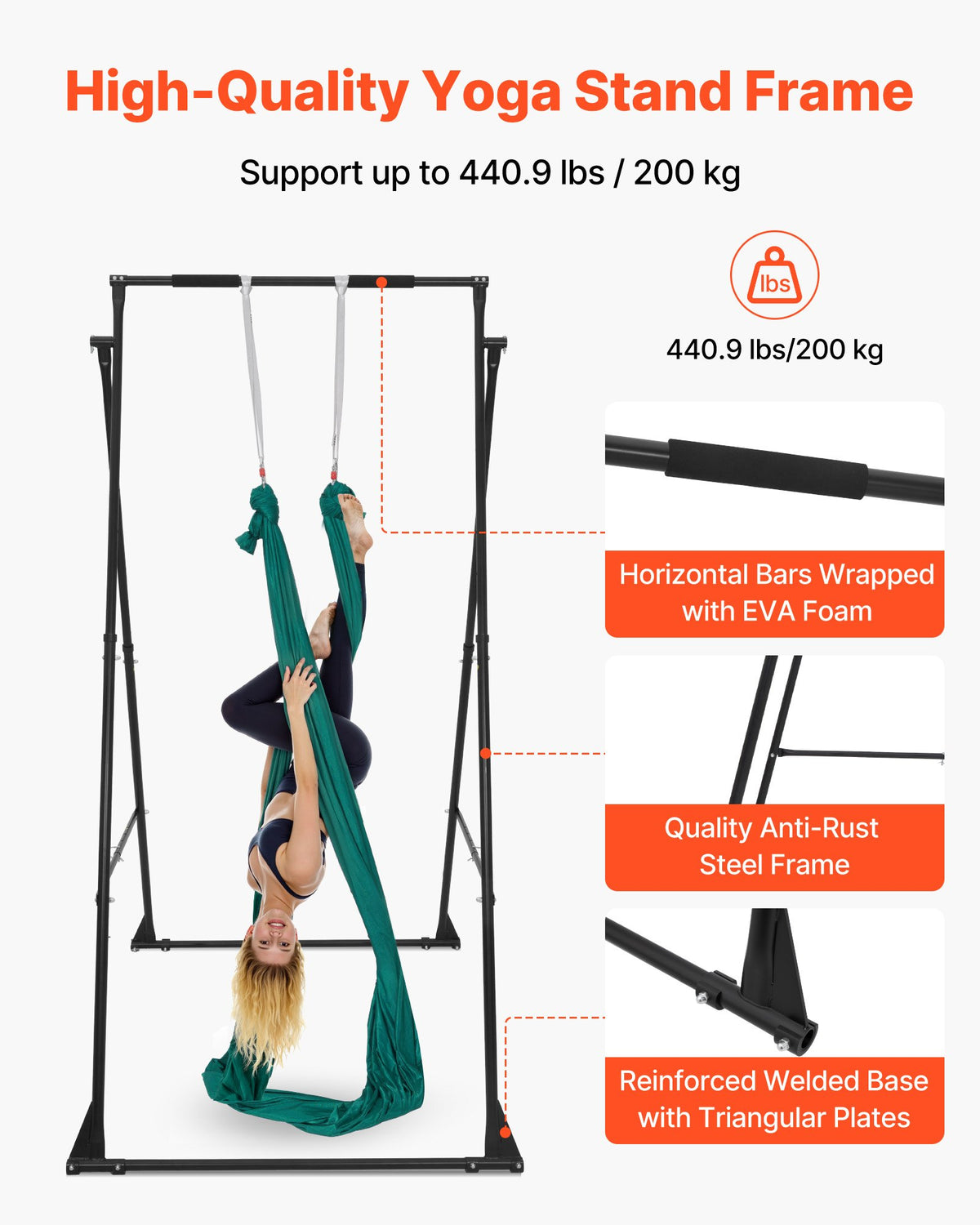 VEVOR Yoga Stand Frame, Max 200 kg Load Swing Stand, Triangular Structure Pull Up Stands, Aerial Silk Stands with EVA Foam & 6m Yoga Hammock, 4-Level Horizontal & 6-Level Vertical Adjustment