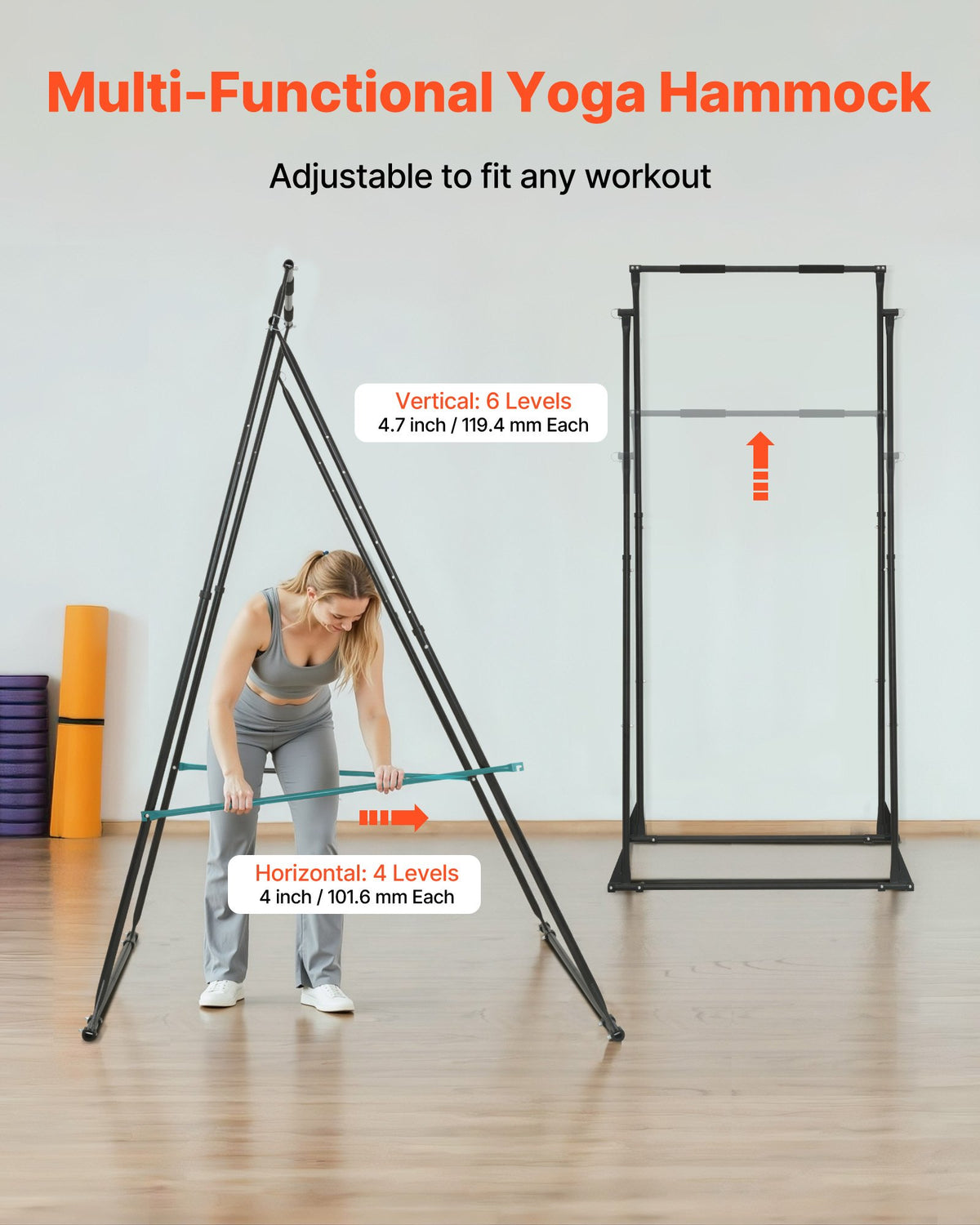 VEVOR Yoga Stand Frame, Max 200 kg Load Swing Stand, Triangular Structure Pull Up Stands, Aerial Silk Stands with EVA Foam & 6m Yoga Hammock, 4-Level Horizontal & 6-Level Vertical Adjustment