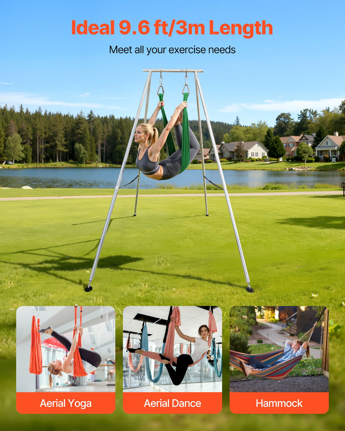 VEVOR Yoga Stand Frame, 3m Length Swing Stand, Max 250 kg Load Triangular Structure Aerial Rig, Aerial Silk Stands for Yoga Enthusiasts, Non-Slip Base, Lightweight, Detachable Design