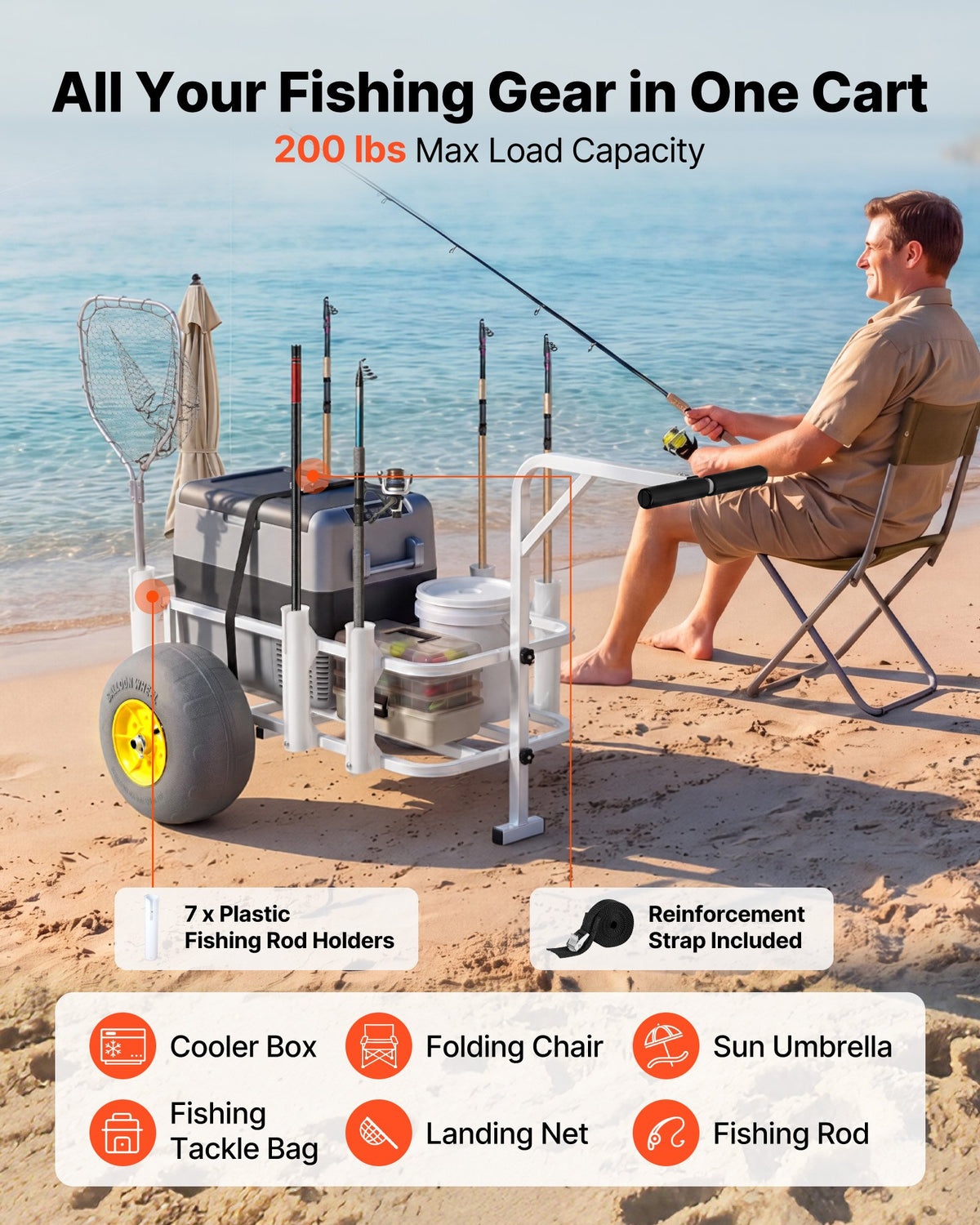 VEVOR Beach Fishing Cart, 90.7 kg Load Capacity, Fishing Cart Wagon with Heavy-Duty Carbon Steel Frame, 330 mm All-Terrain PU Balloon Tires, 7 Rod Holders, for Outdoor Activities Camping Picnic