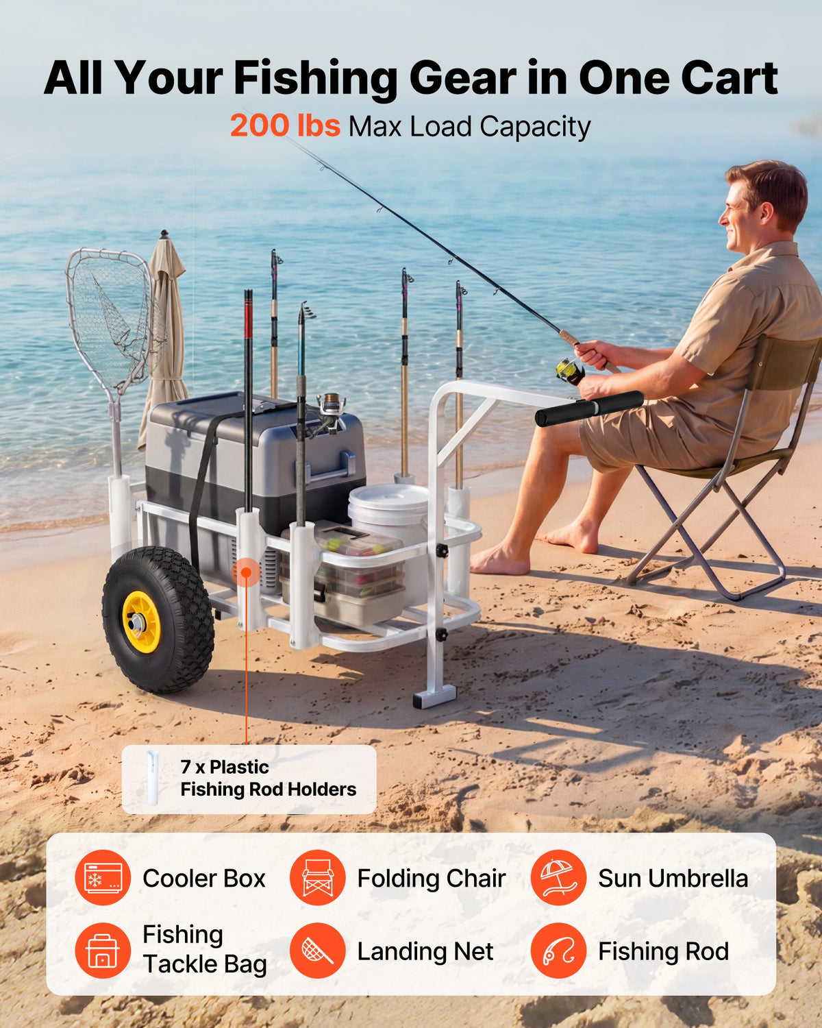 VEVOR Beach Fishing Cart, 90.7 kg Load Capacity, Fishing Cart Wagon with Heavy-Duty Carbon Steel Frame, 280 mm All-Terrain Tires, 7 Rod Holders, Easy to Clean, for Outdoor Activities Camping Picnic