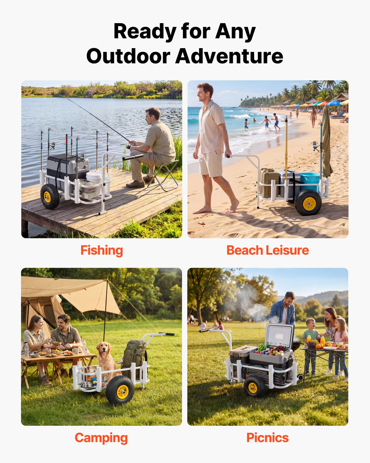 VEVOR Beach Fishing Cart, 90.7 kg Load Capacity, Fishing Cart Wagon with Heavy-Duty Carbon Steel Frame, 280 mm All-Terrain Tires, 7 Rod Holders, Easy to Clean, for Outdoor Activities Camping Picnic