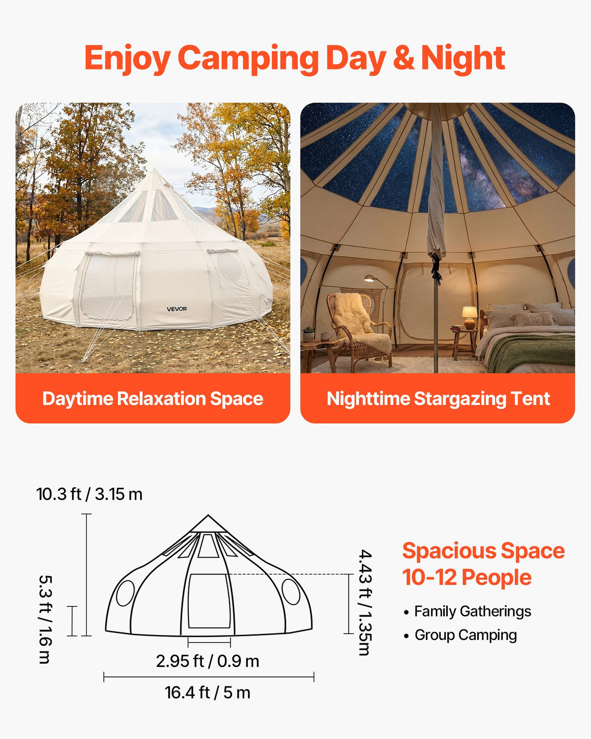 VEVOR Canvas Bell Tent, 4 Seasons 5 m Yurt Tent for Camping with Stove Jack, Poly-Cotton Canvas, Breathable Holds up to 12 People with Rain Cover, for Family Camping Glamping Outdoor Hunting Party