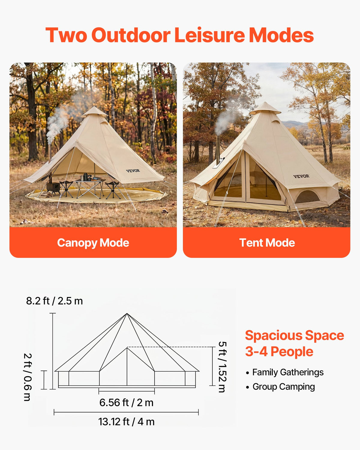 VEVOR Oxford Bell Tent, 4 Seasons 4 m Yurt Tent for Camping with Stove Jack, Waterproof Breathable Holds up to 4 People with Zipped Detachable Floor, Family Camping Glamping Outdoor Hunting Party