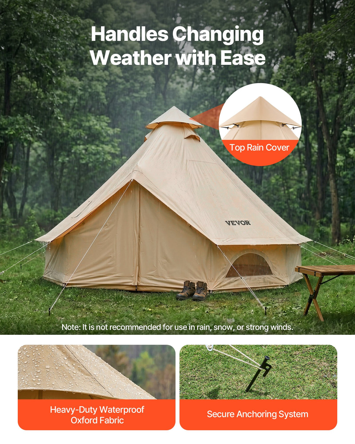 VEVOR Oxford Bell Tent, 4 Seasons 4 m Yurt Tent for Camping with Stove Jack, Waterproof Breathable Holds up to 4 People with Zipped Detachable Floor, Family Camping Glamping Outdoor Hunting Party