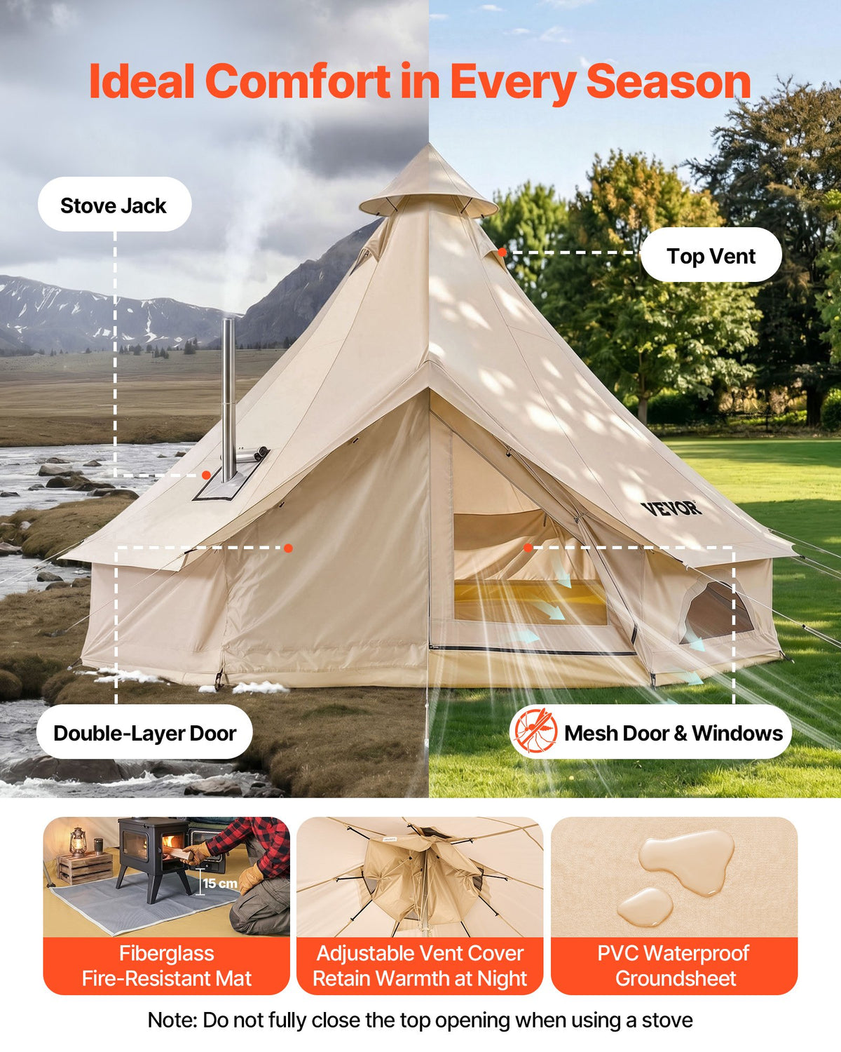VEVOR Oxford Bell Tent, 4 Seasons 4 m Yurt Tent for Camping with Stove Jack, Waterproof Breathable Holds up to 4 People with Zipped Detachable Floor, Family Camping Glamping Outdoor Hunting Party