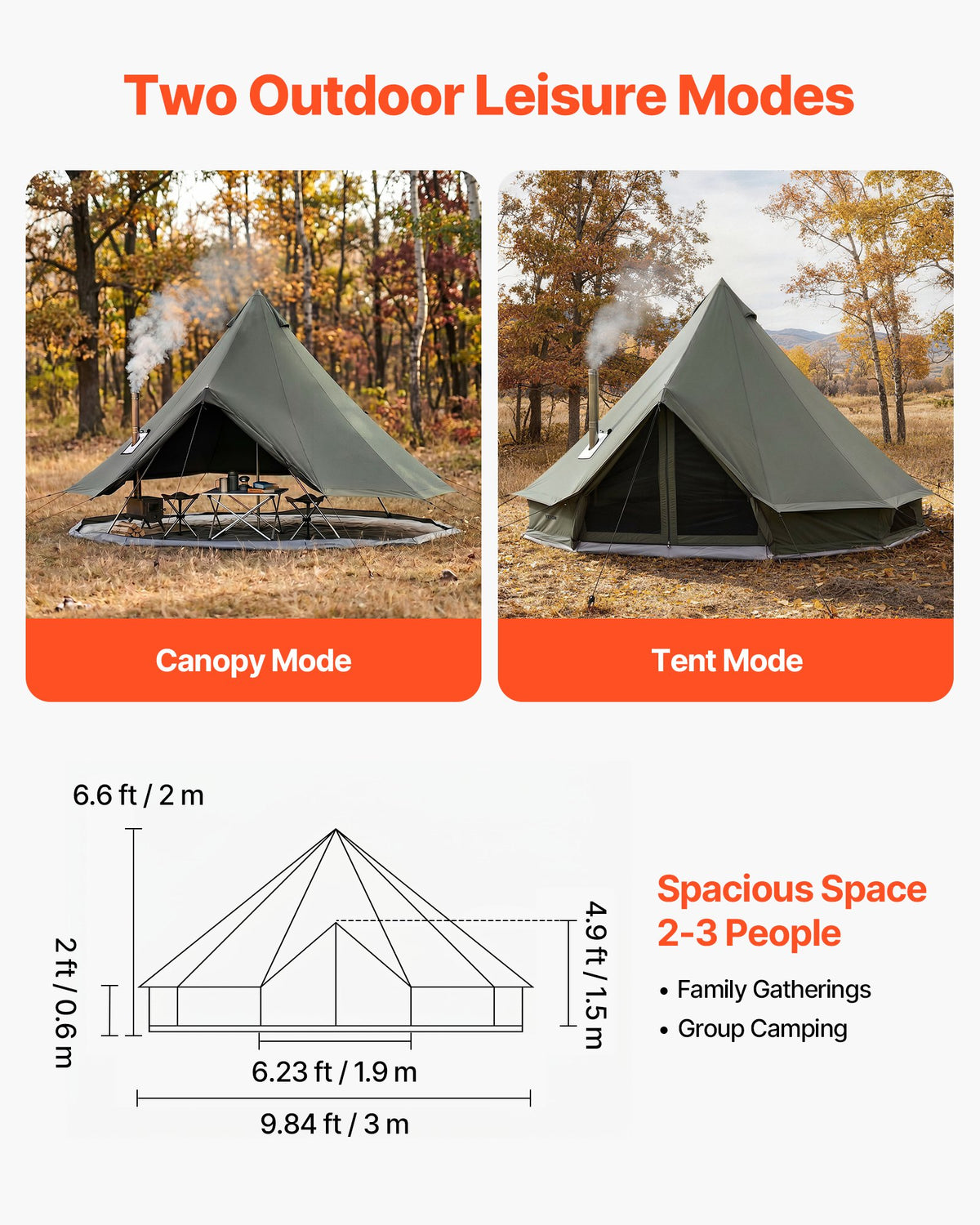 VEVOR Canvas Bell Tent, 4 Seasons 3 m Yurt Tent for Camping with Stove Jack, Canvas Breathable Holds up to 3 People with Zipped Detachable Floor, for Family Camping Glamping Outdoor Hunting Party