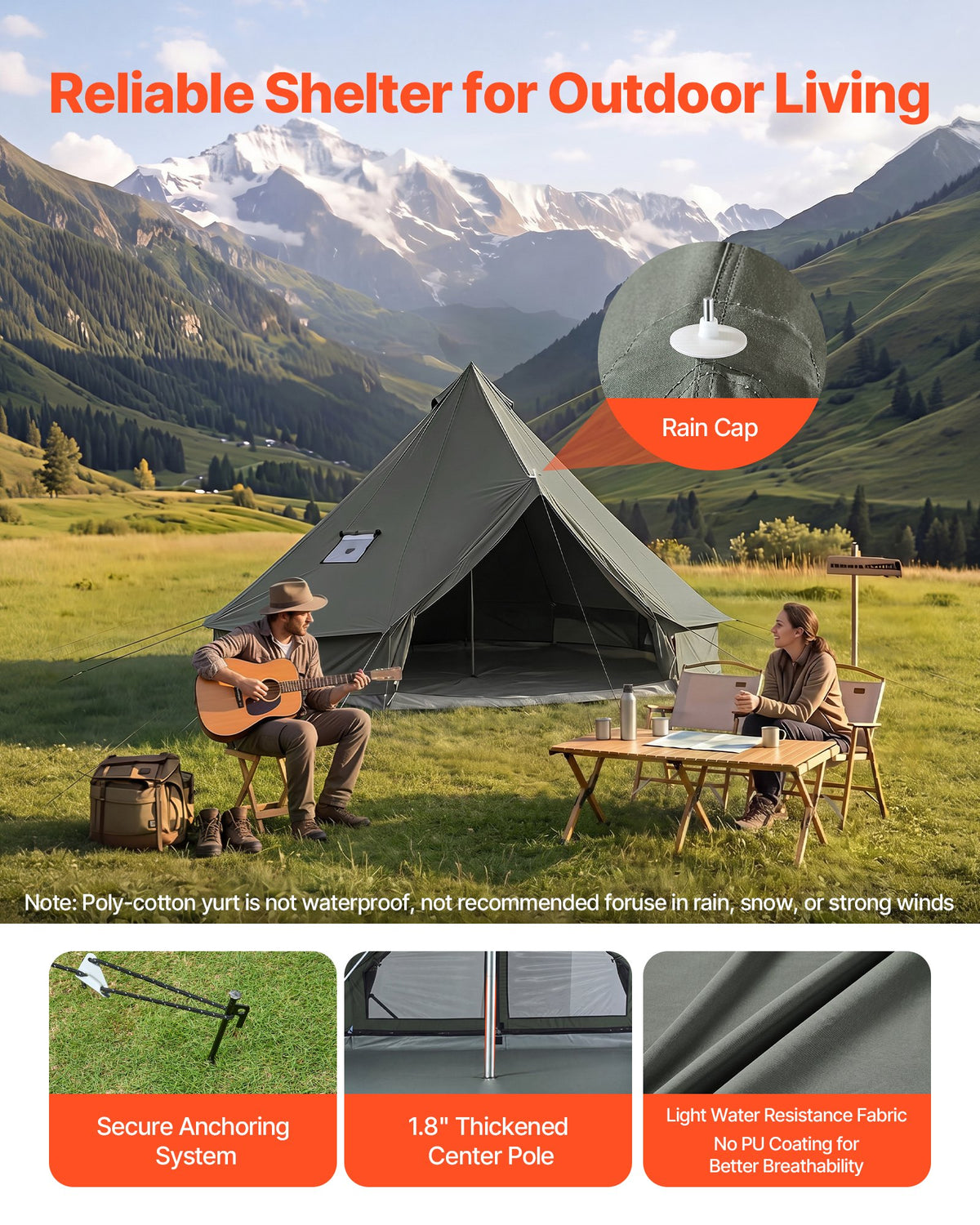 VEVOR Canvas Bell Tent, 4 Seasons 3 m Yurt Tent for Camping with Stove Jack, Canvas Breathable Holds up to 3 People with Zipped Detachable Floor, for Family Camping Glamping Outdoor Hunting Party
