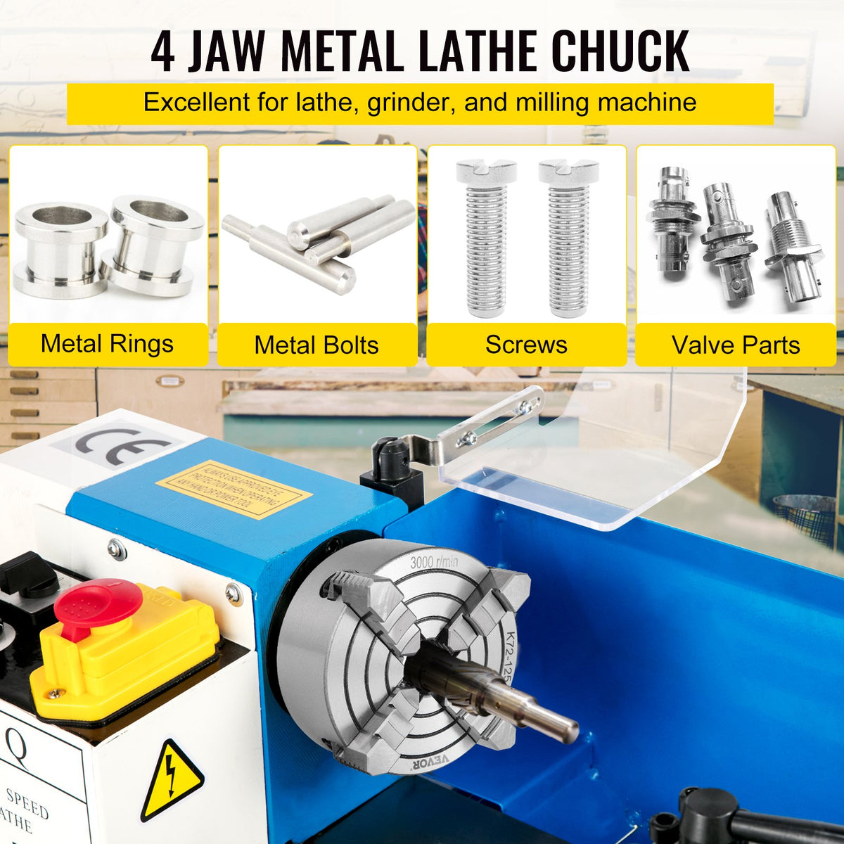 VEVOR K72-125 5 Inch Lathe Chuck Independent Reversible Jaw 125MM Metal Turning Machine Accessories for Mini Metal Lathe Machine 4 Jaw Lathe Chuck