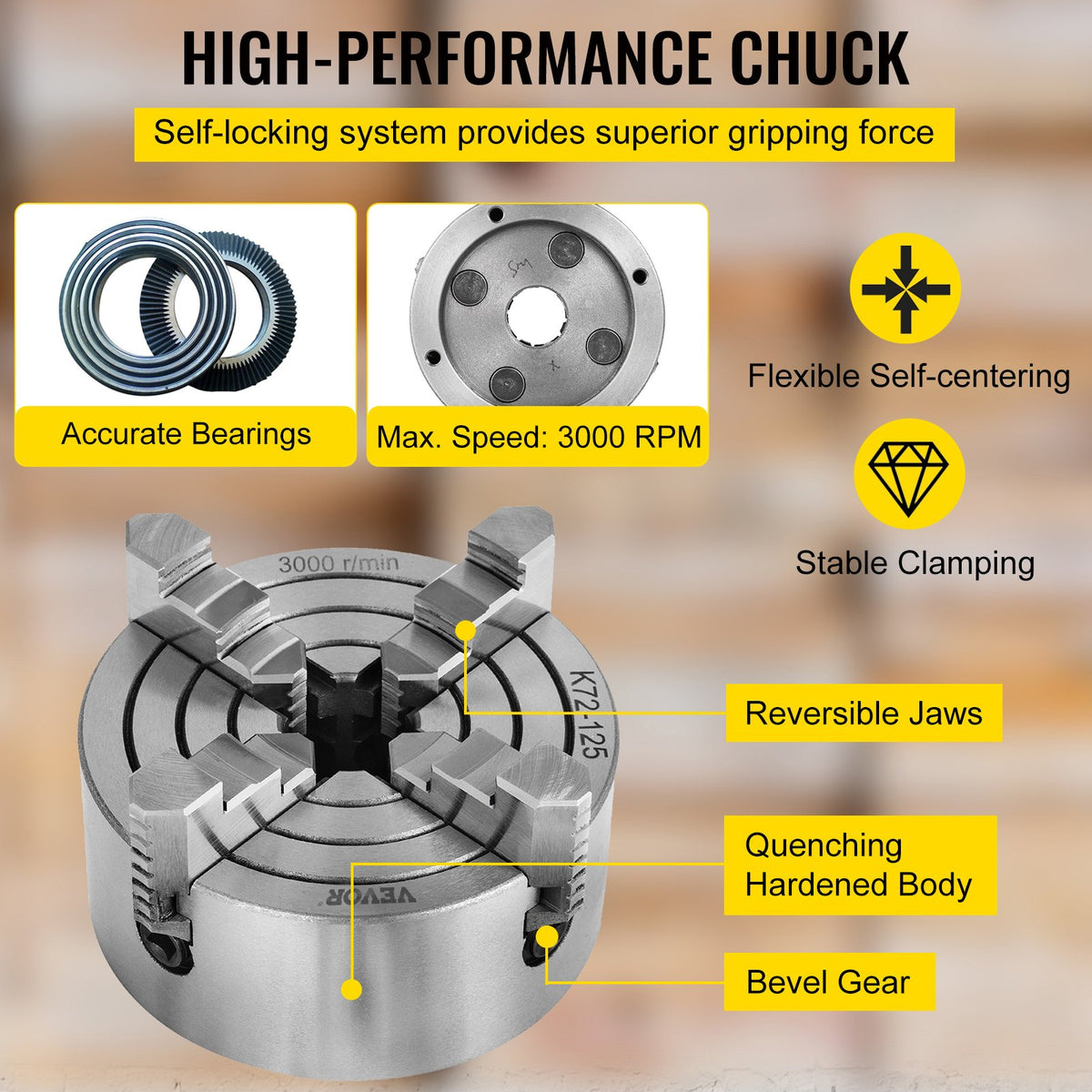 VEVOR K72-125 5 Inch Lathe Chuck Independent Reversible Jaw 125MM Metal Turning Machine Accessories for Mini Metal Lathe Machine 4 Jaw Lathe Chuck