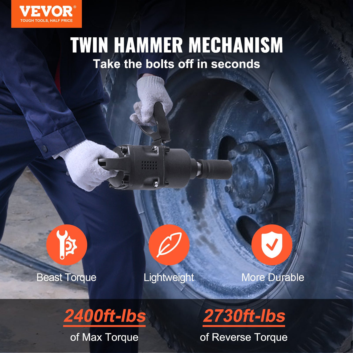 VEVOR 2.5 cm Air Impact Wrench, Up to 3698.45 N·m Reverse Torque Output 2.5 cm Pneumatic Impact Gun Lightweight w/ 2 Handles for Heavy Duty Repairs and Maintenance