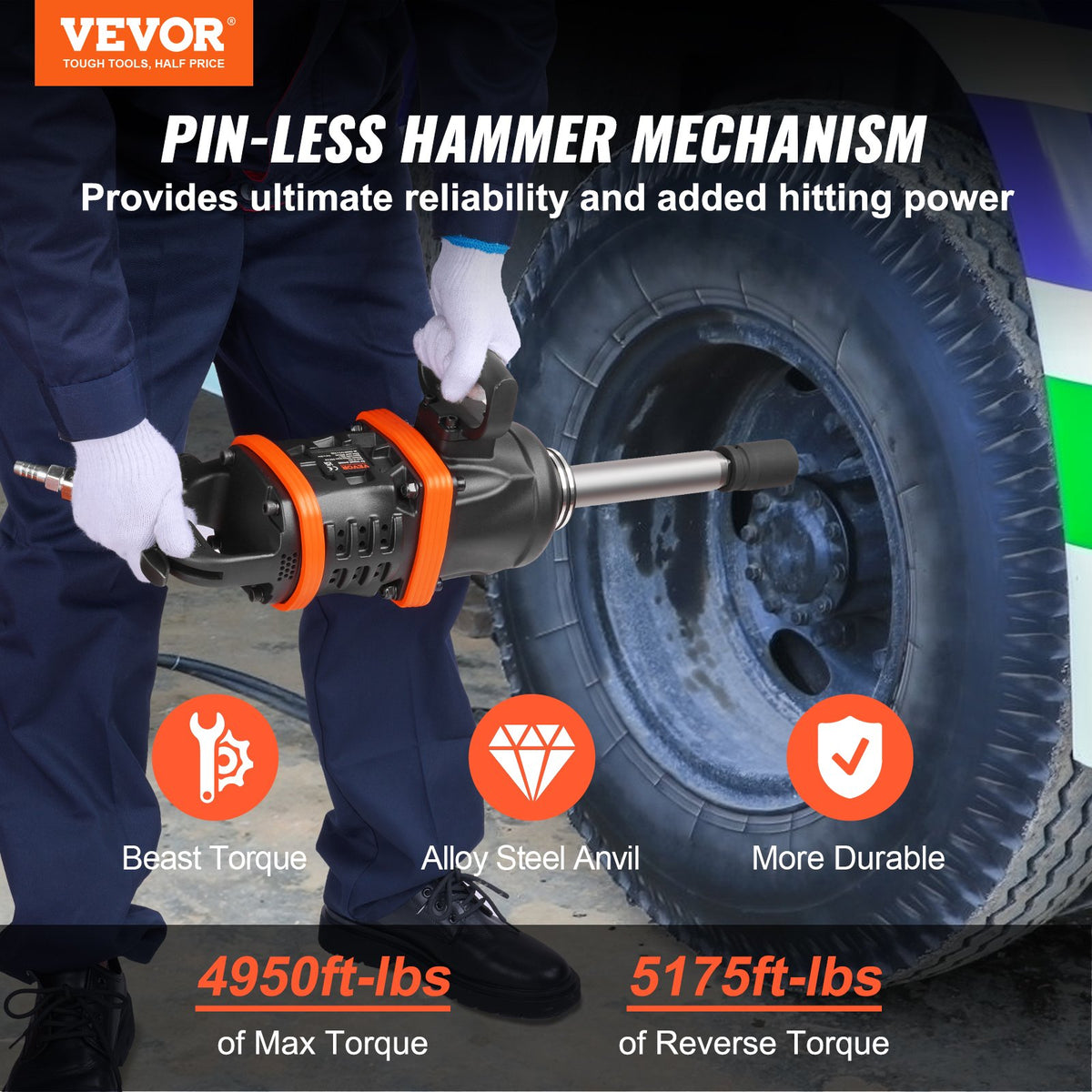 VEVOR 2.5 cm Air Impact Wrench, Up to 7016.37 N·m Beast Reverse Torque Output Pneumatic Impact Gun w/ 20cm Extended Anvil for Repairs and Maintenance of Heavy Duty Machinery / Semi-Truck / Bus