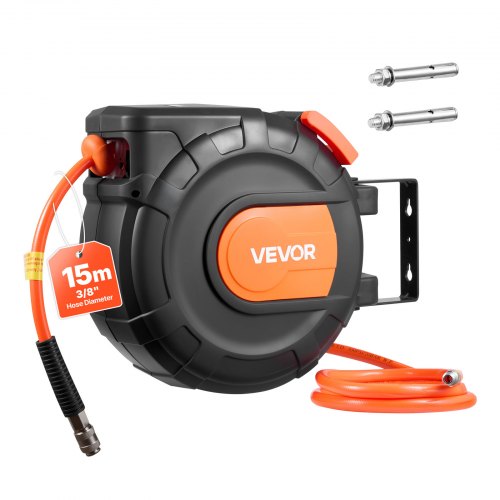 VEVOR Retractable Air Hose Reel, 15m x 9.5mm PVC Air Hose Max 300PSI, Enclosed Air-Compressor Hoses Reel Auto Rewind with 1m Lead in, 180° Swivel Ceiling/Wall Mount for Garages Workshops