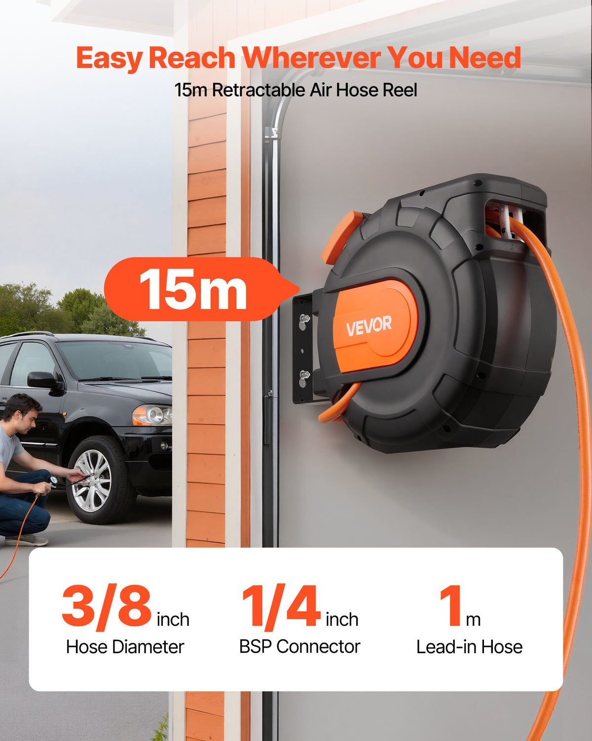VEVOR Retractable Air Hose Reel, 15m x 9.5mm PVC Air Hose Max 300PSI, Enclosed Air-Compressor Hoses Reel Auto Rewind with 1m Lead in, 180° Swivel Ceiling/Wall Mount for Garages Workshops