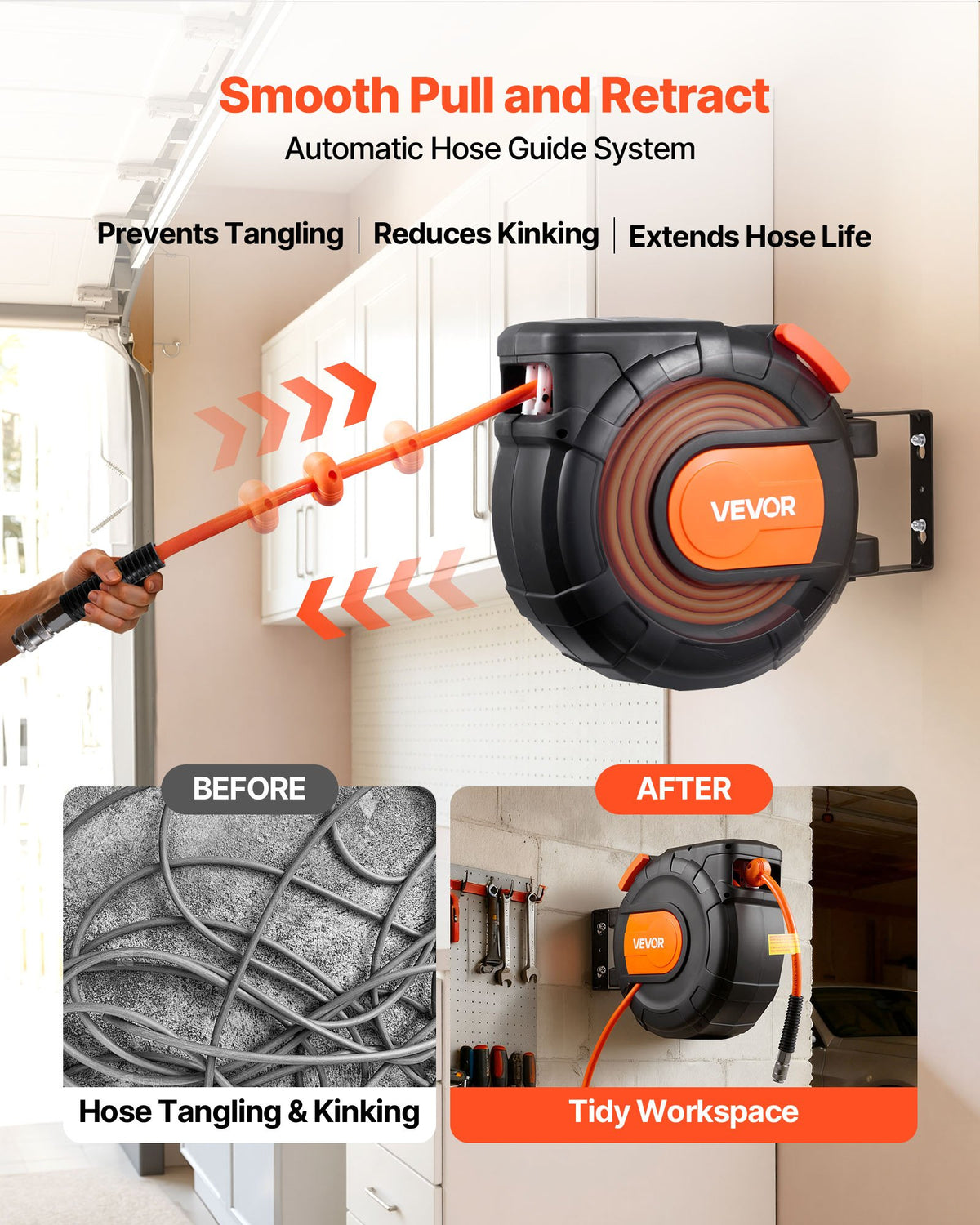 VEVOR Retractable Air Hose Reel, 15m x 9.5mm PVC Air Hose Max 300PSI, Enclosed Air-Compressor Hoses Reel Auto Rewind with 1m Lead in, 180° Swivel Ceiling/Wall Mount for Garages Workshops
