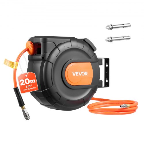 VEVOR Retractable Air Hose Reel, 20m x 9.5mm PVC Air Hose Max 300PSI, Enclosed Air-Compressor Hoses Reel Auto Rewind with 2m Lead in, 180° Swivel Ceiling/Wall Mount for Garages Workshops