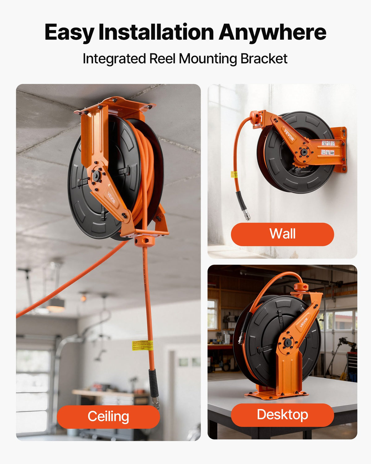 VEVOR Retractable Air Hose Reel, 15m x 9.5mm Hybrid Air Hose Max 300PSI, Auto Rewind Air-Compressor Hoses Reel with 1.52m Lead in, Ceiling/Wall Mount Heavy Duty Steel Double Arm