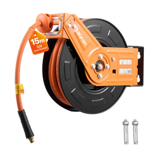 VEVOR Retractable Air Hose Reel, 15m x 9.5mm Rubber Air Hose Max 300PSI, Auto Rewind Air-Compressor Hoses Reel with 1m Lead in, 180° Swivel Ceiling/Wall Mount for Garage Workshops