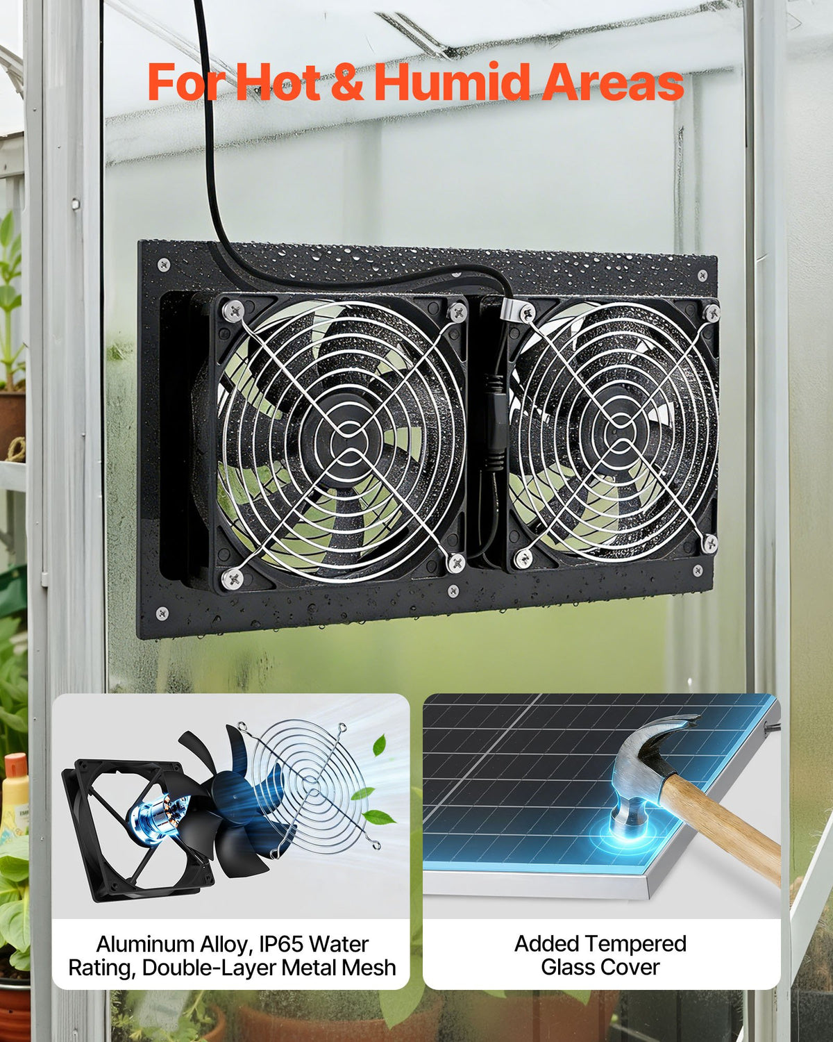 VEVOR Solar Powered Fan, 15W Solar Panel with 2 Fans, Adjustable Solar Panel Angle, 2668 RPM High-Speed, Flexible Installation, Fast Air Exchange for Greenhouse, Grow Tents, Chicken Coops, Shelters