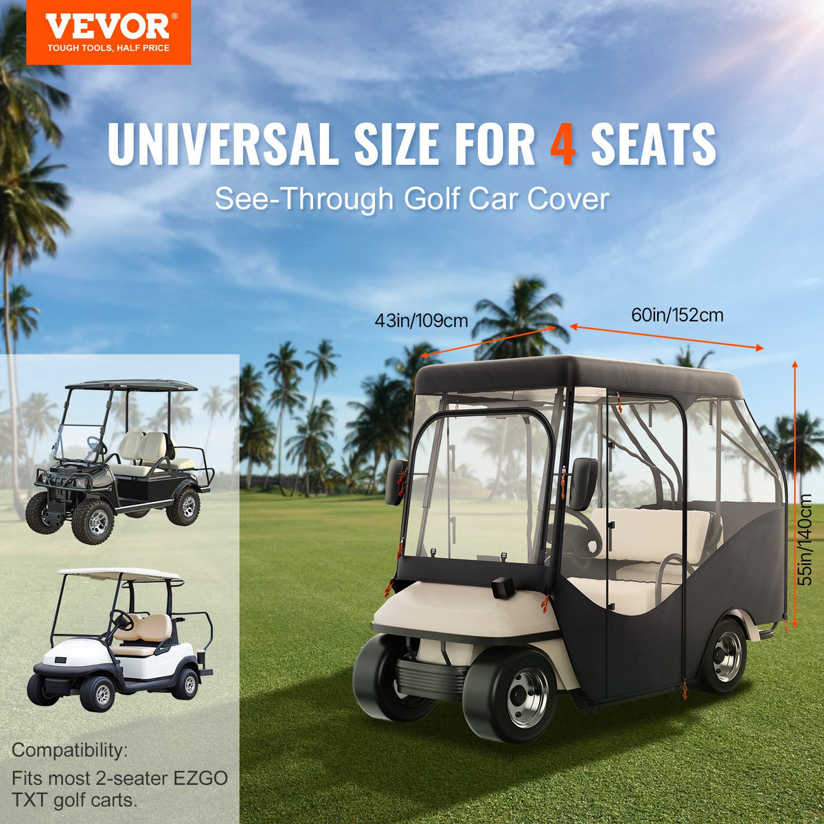 VEVOR Golf Cart Enclosure, 420D Polyester Driving Enclosure with 4-Sided Transparent Windows, 4 Passenger Club Car Covers for 2+2 Passenger Golf Carts, Sunproof and Dustproof Outdoor Cart Cover