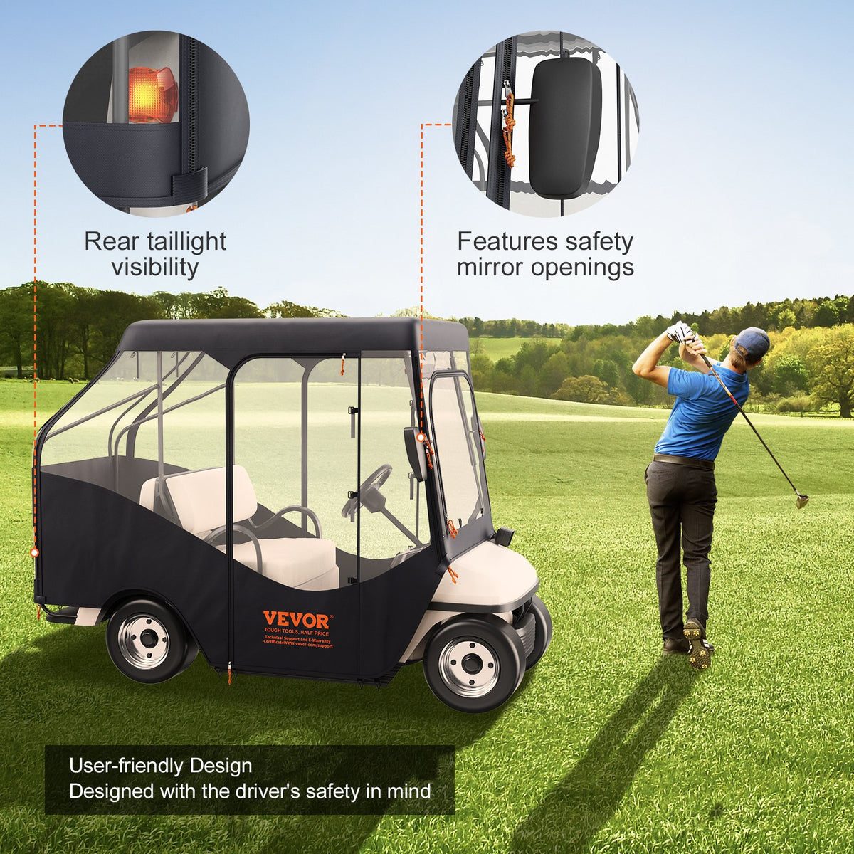 VEVOR Golf Cart Enclosure, 420D Polyester Driving Enclosure with 4-Sided Transparent Windows, 4 Passenger Club Car Covers for 2+2 Passenger Golf Carts, Sunproof and Dustproof Outdoor Cart Cover