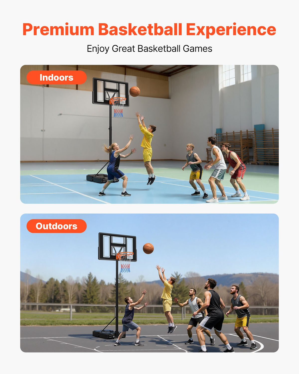 VEVOR Portable Basketball Stand, 1.35 to 3.05m Height Adjustment Basketball Hoop & Goal, Adjustable Basketballs Goal System with Built-in Rolling Wheels for Kids, Teens, Adults in Driveways, Pools
