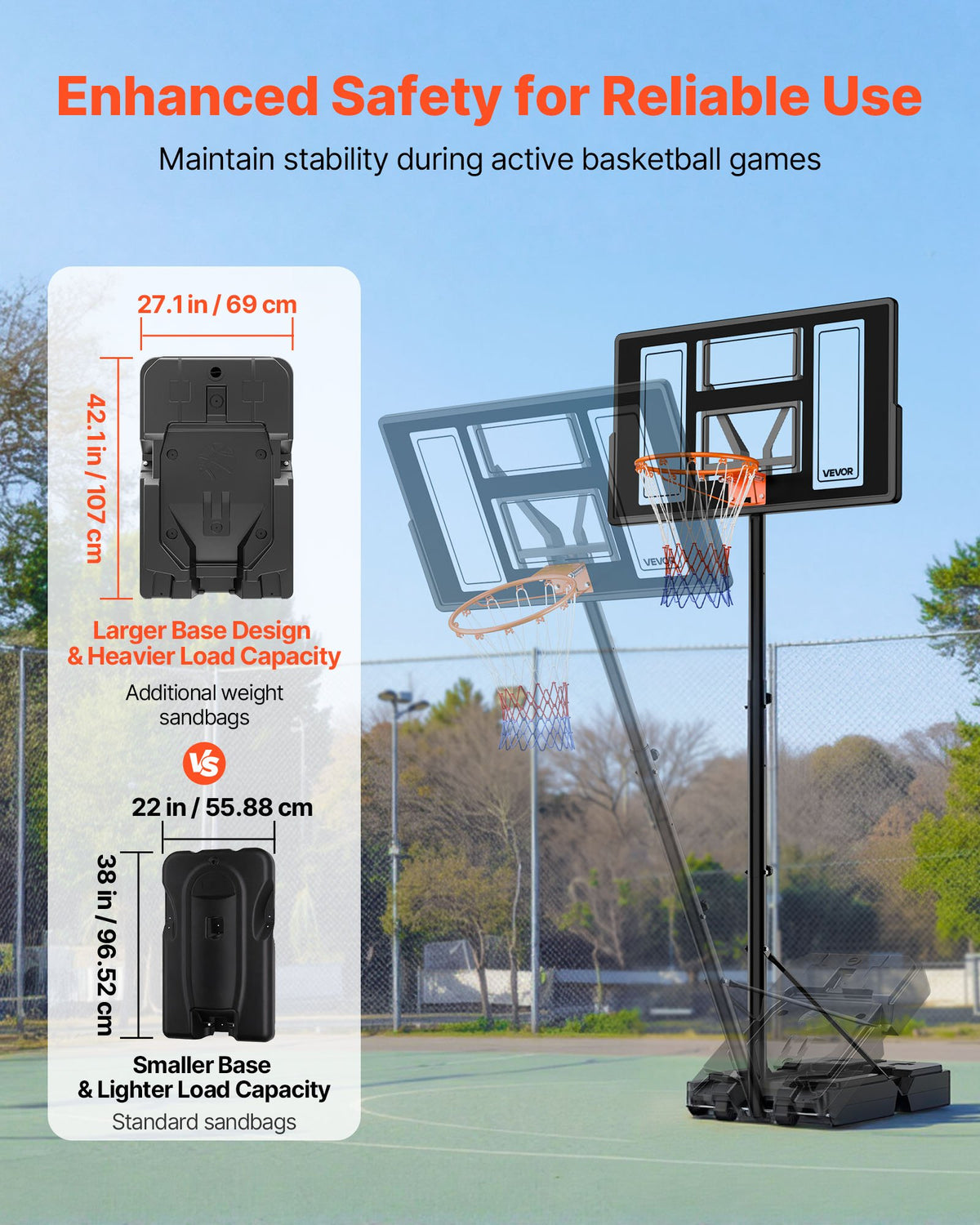 VEVOR Portable Basketball Stand, 1.35 to 3.05m Height Adjustment Basketball Hoop & Goal, Adjustable Basketballs Goal System with Built-in Rolling Wheels for Kids, Teens, Adults in Driveways, Pools