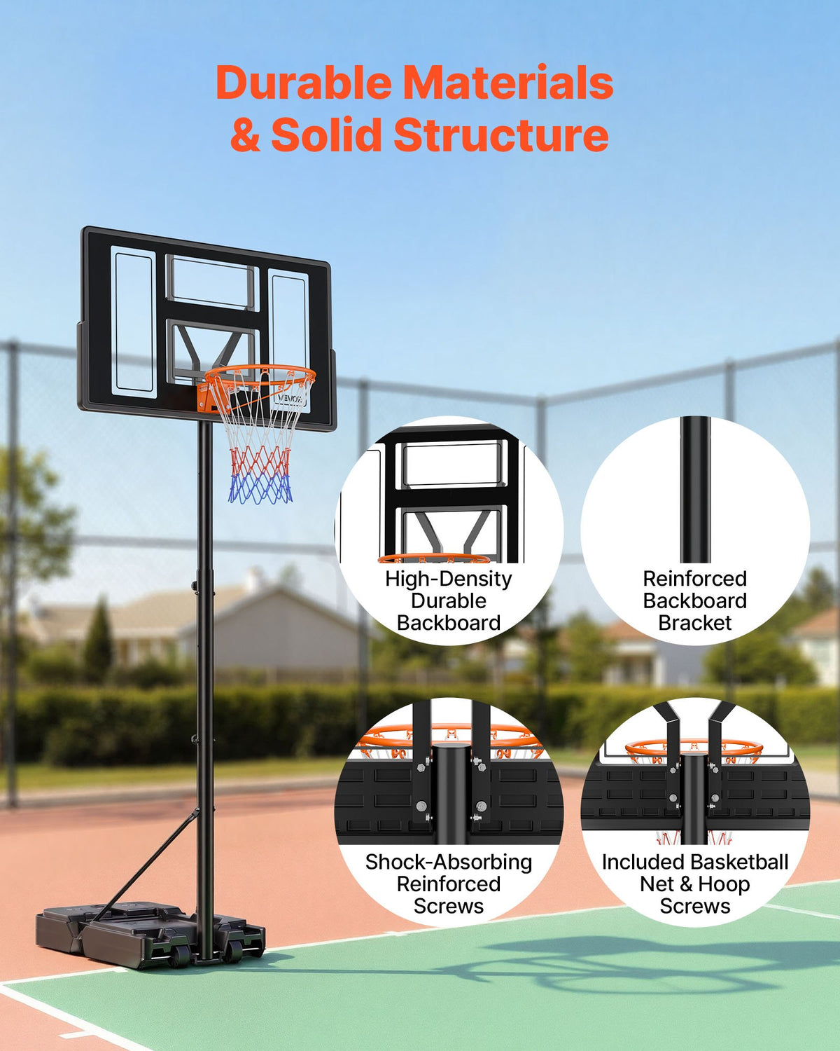 VEVOR Portable Basketball Stand, 1.35 to 3.05m Height Adjustment Basketball Hoop & Goal, Adjustable Basketballs Goal System with Built-in Rolling Wheels for Kids, Teens, Adults in Driveways, Pools
