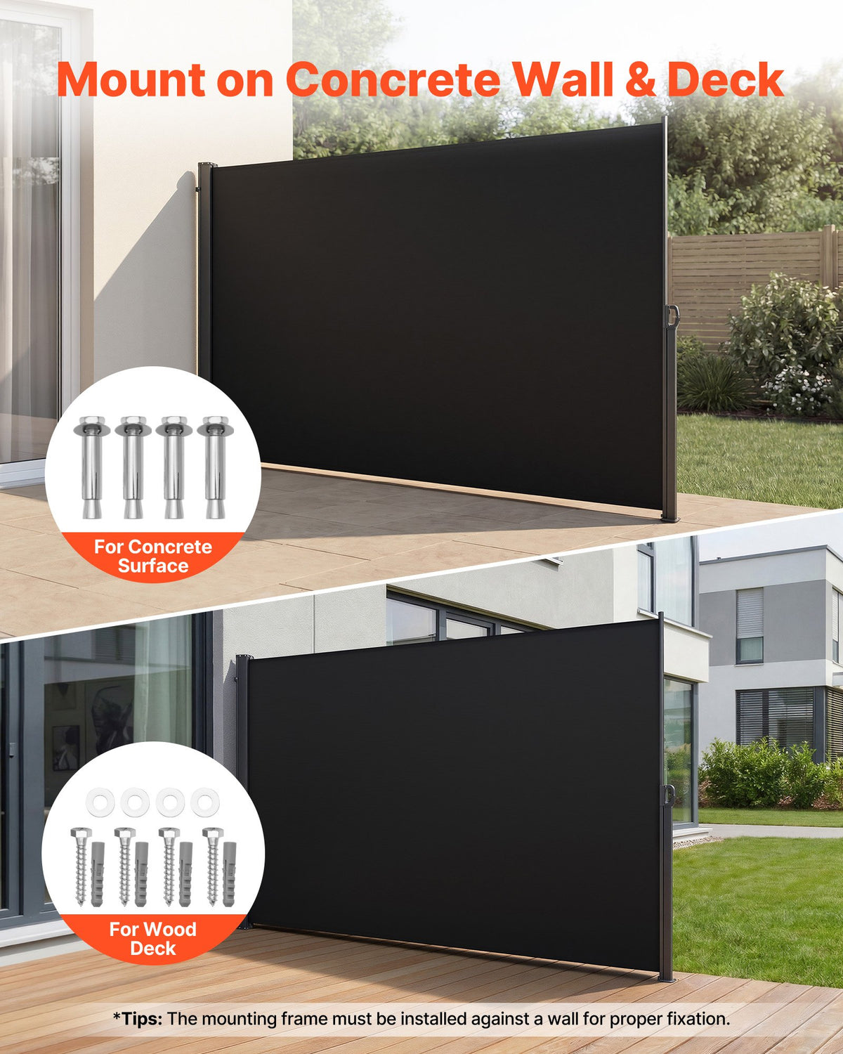 VEVOR Retractable Side Awning, 180x300 cm Patio Retractable Side Screen with 180 g/m² Polyester Fabric, Waterproof Sunshade Outdoor Privacy Screen Room Divider for Garden, Balcony, Pools, Deck, Black