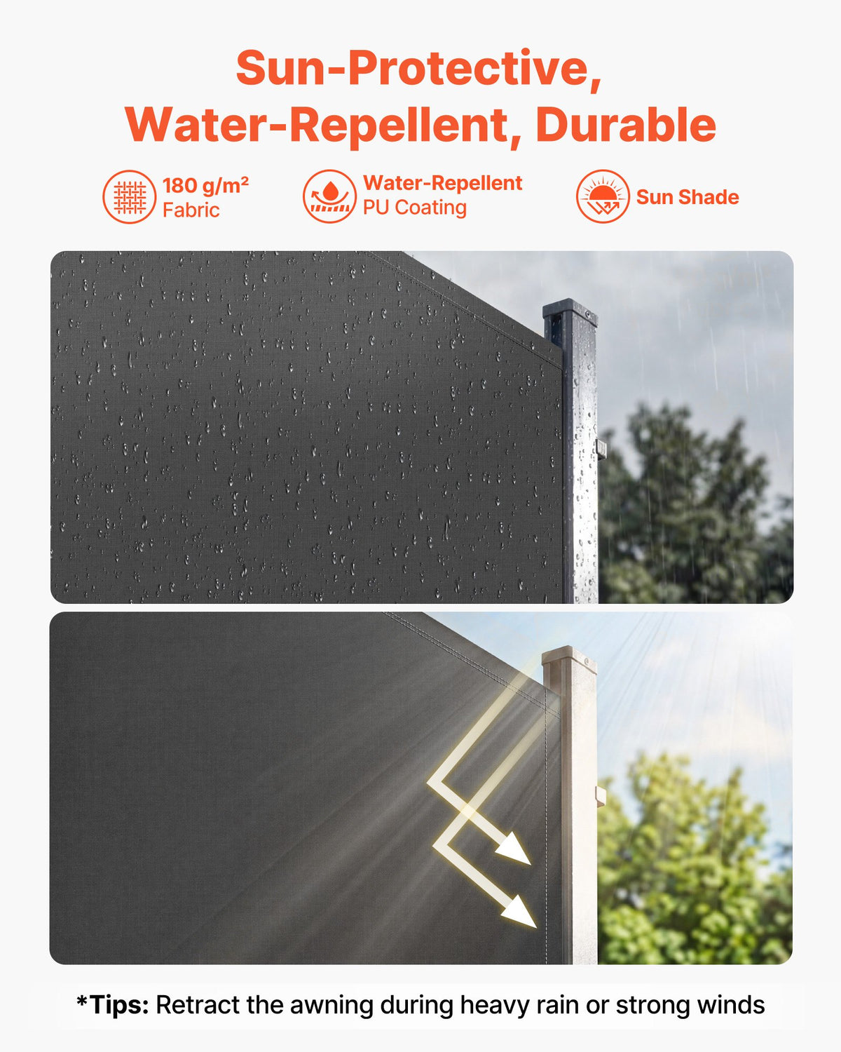 VEVOR Retractable Side Awning, 180 x 300 cm Patio Retractable Side Screen with 180 g/m² Polyester Fabric, Waterproof Sunshade Outdoor Privacy Screen Room Divider for Garden, Balcony, Pools, Deck, Gray