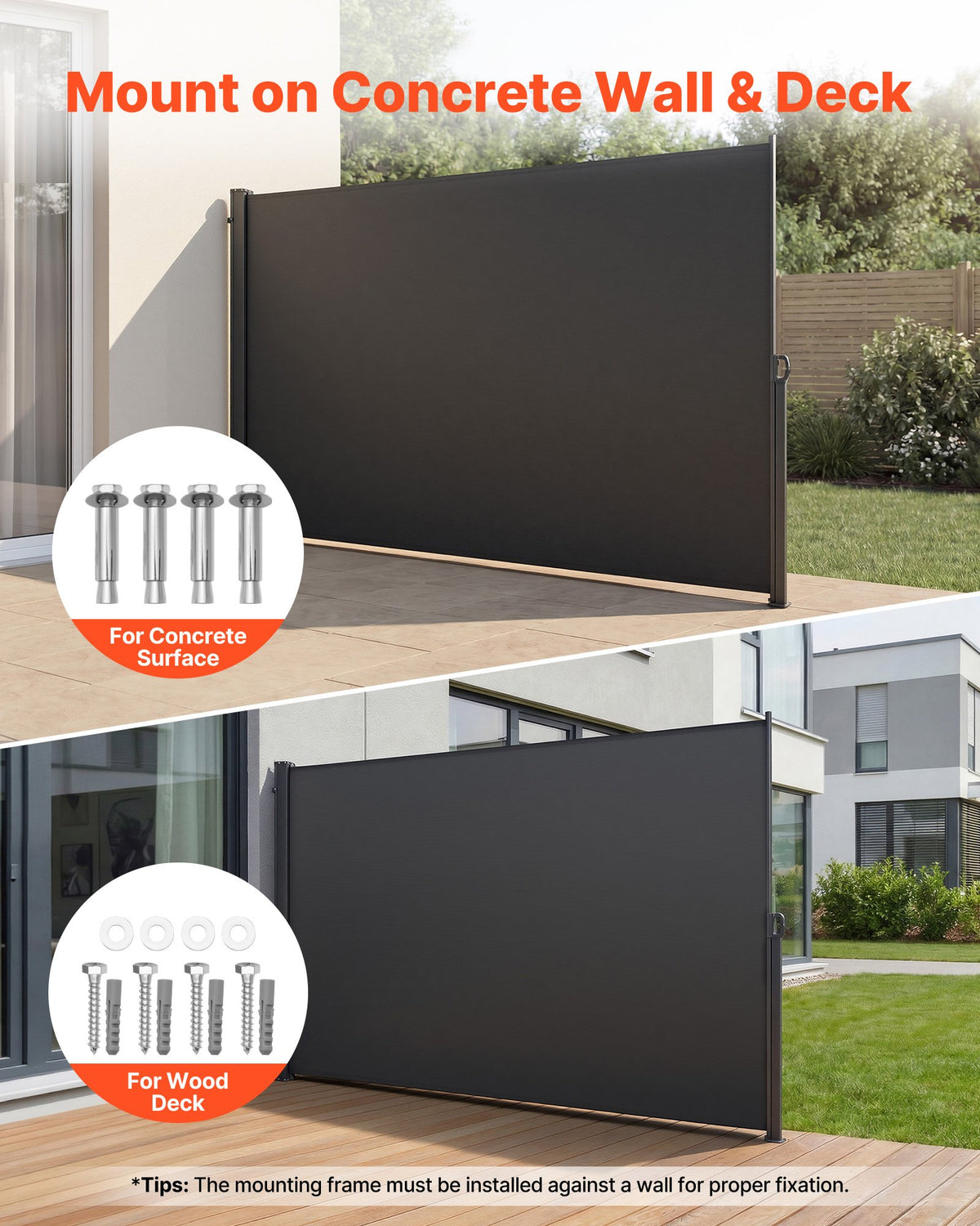 VEVOR Retractable Side Awning, 180 x 300 cm Patio Retractable Side Screen with 180 g/m² Polyester Fabric, Waterproof Sunshade Outdoor Privacy Screen Room Divider for Garden, Balcony, Pools, Deck, Gray