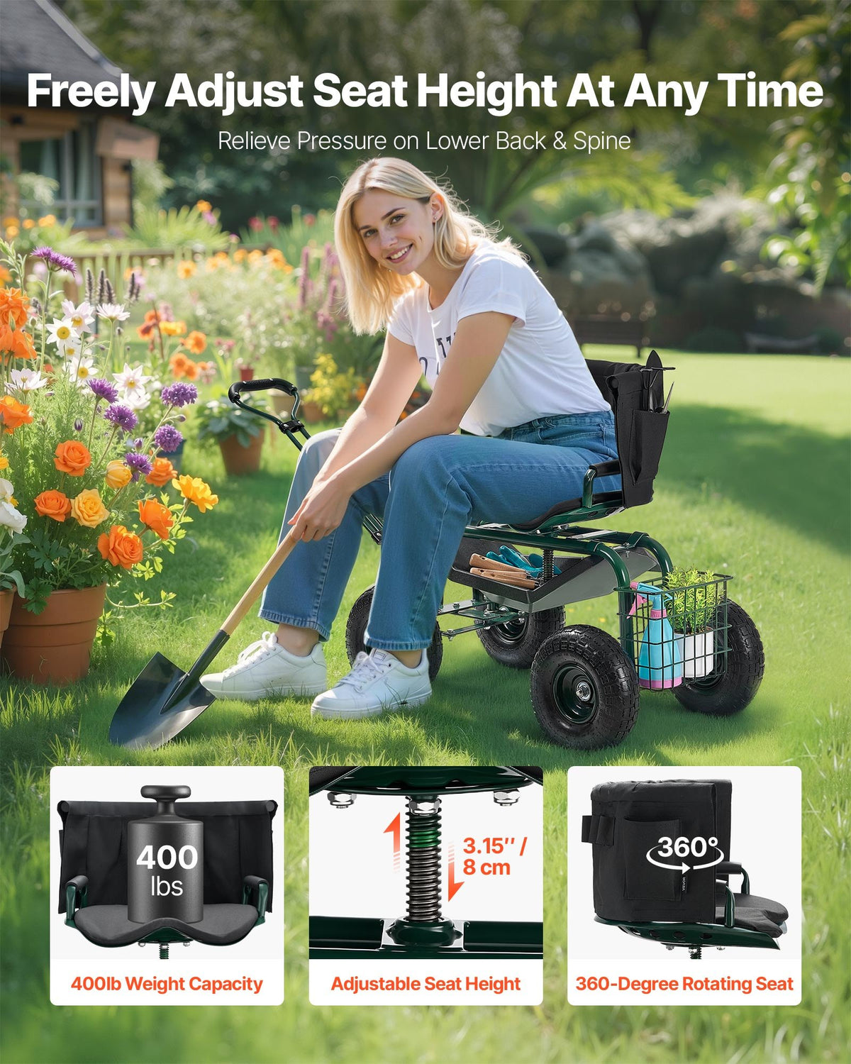 VEVOR Garden Seat with Wheels, Rolling Garden Stool with Height Adjustable & 360° Swivel Seat, 181 kg Weight Capacity,  Gardening Cart Bench, Ergonomic Backrest & Tool Storage, for Garden, Yard, Patio