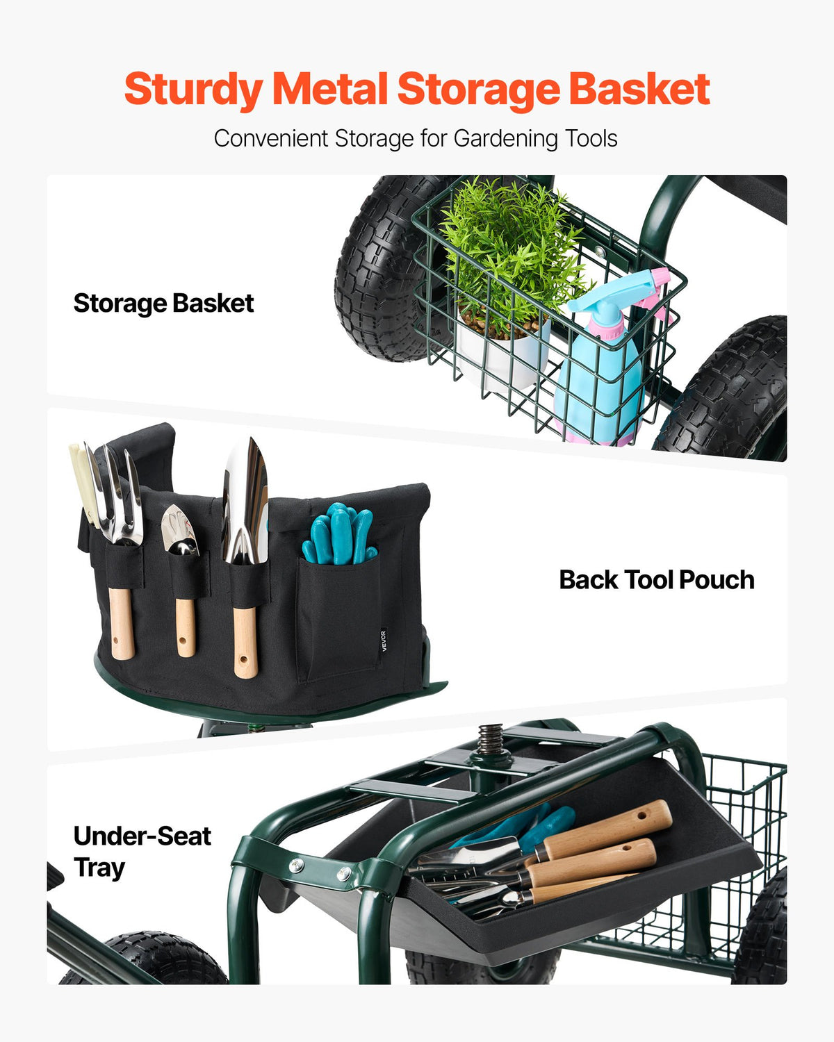 VEVOR Garden Seat with Wheels, Rolling Garden Stool with Height Adjustable & 360° Swivel Seat, 181 kg Weight Capacity,  Gardening Cart Bench, Ergonomic Backrest & Tool Storage, for Garden, Yard, Patio