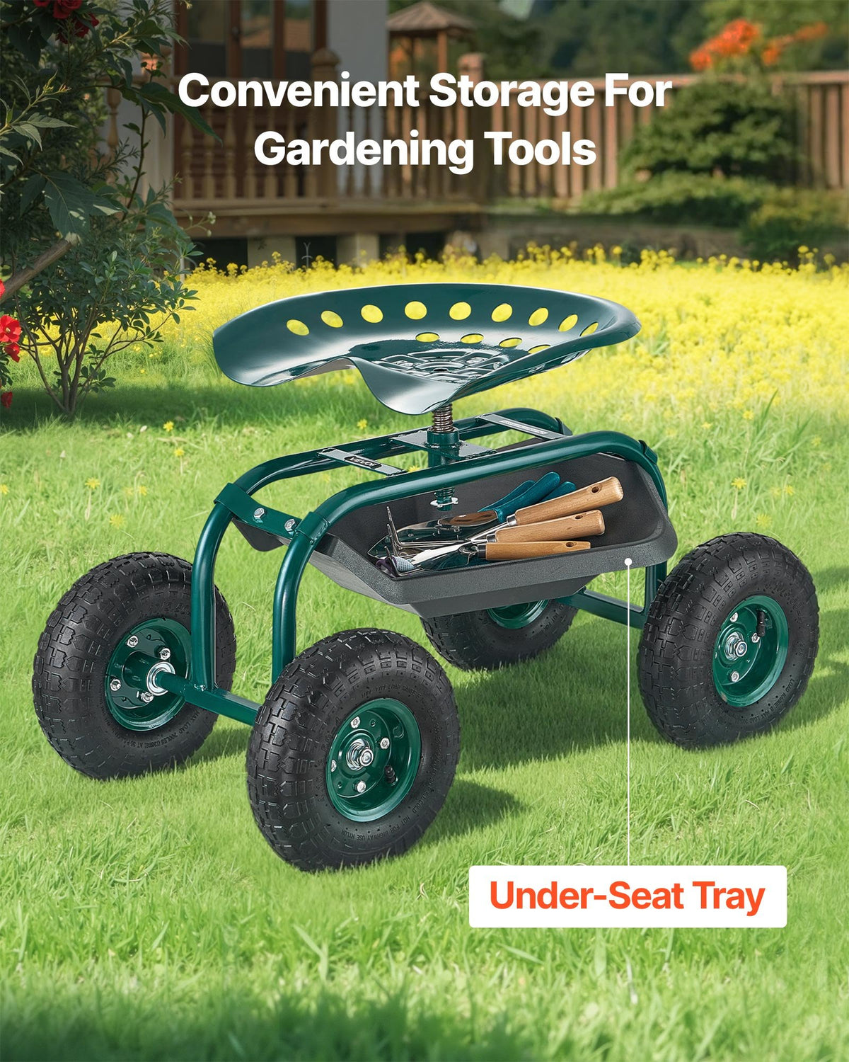 VEVOR  Rolling Garden Cart with Swivel Seat, Heavy Duty Garden Seat with Storage Basket & Tool Tray, 300 lbs Weight Capacity, Outdoor Utility Gardening Stool Scooter for Lawn Yard Planting Weeding